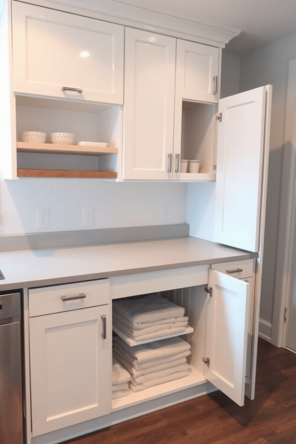 A functional kitchen laundry room featuring a built-in folding station with ample storage beneath. The cabinetry is a crisp white, complemented by a sleek countertop in a soft gray finish, creating a clean and organized space.