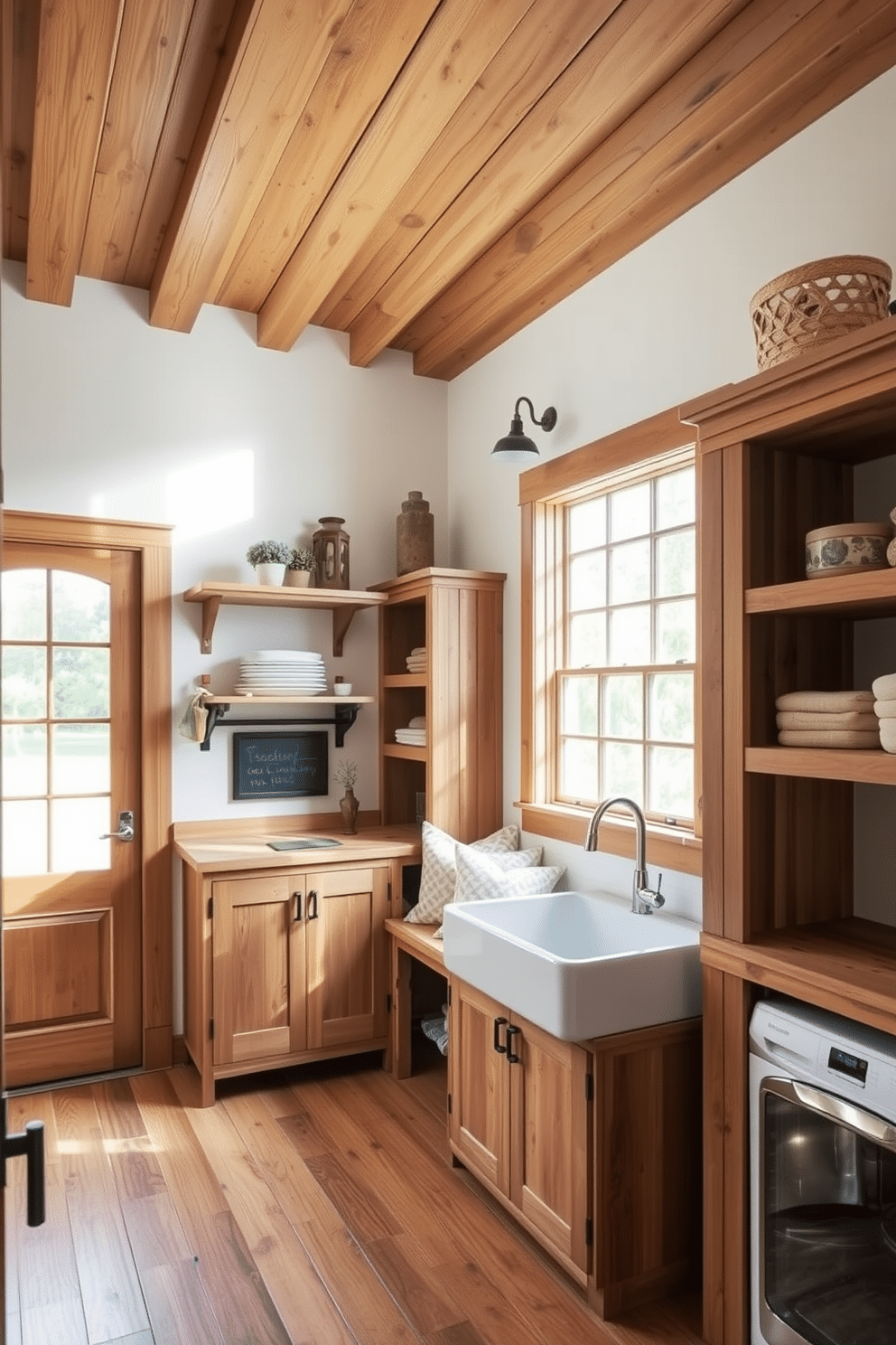 Rustic wood accents create a warm and inviting atmosphere in the kitchen laundry room. The space features open shelving made of reclaimed wood, complemented by a farmhouse sink and vintage-style fixtures. Natural light floods the room through a large window, illuminating the wooden beams on the ceiling. A cozy nook with a wooden bench and soft cushions invites relaxation while waiting for laundry to finish.