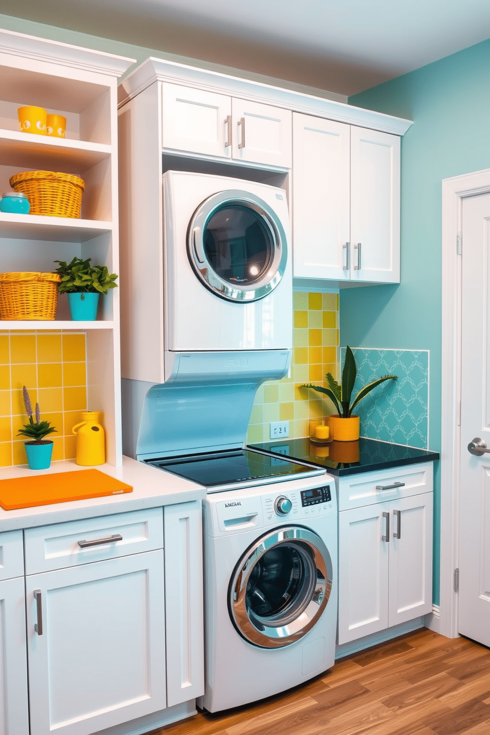 A modern kitchen laundry room featuring bright accent colors that create a lively atmosphere. The cabinetry is a crisp white, while bold yellow and teal accents are incorporated through decorative items and appliances. The space includes a stacked washer and dryer with a sleek, modern design, surrounded by open shelving displaying vibrant baskets and plants. A cheerful backsplash in a geometric pattern adds visual interest, complementing the overall bright and inviting feel of the room.