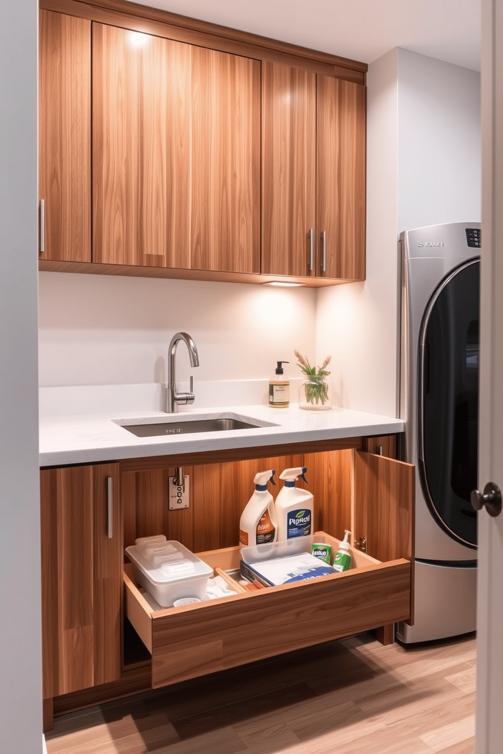 A functional kitchen laundry room features under-sink storage designed for cleaning products, maximizing space efficiency while maintaining a sleek appearance. The cabinetry is crafted from high-quality wood with a smooth finish, and the countertop is a durable quartz that complements the overall aesthetic. Incorporate a stylish pull-out drawer beneath the sink for easy access to cleaning supplies, ensuring everything is organized and out of sight. The room is illuminated by warm, ambient lighting, creating a welcoming atmosphere while the walls are painted in a soft, neutral tone to enhance the sense of space.