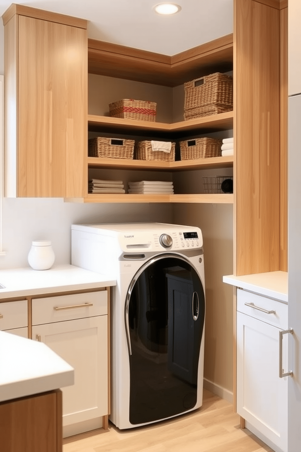 A modern kitchen laundry room design that creatively utilizes corner space for appliances. The layout features a stacked washer and dryer tucked into a custom-built cabinet, seamlessly integrated with the kitchen cabinetry. The corner is enhanced by open shelving above the appliances, displaying neatly arranged baskets and decorative items. A sleek countertop extends from the cabinets, providing additional workspace while maintaining an airy feel in the room.