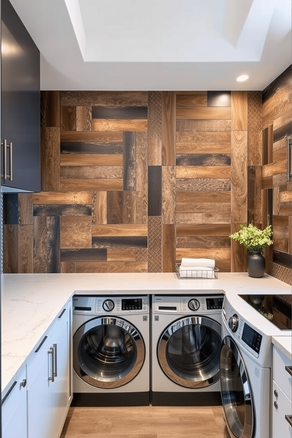 Textured wall panels in a kitchen laundry room create a striking focal point while enhancing the overall aesthetic. The panels feature a mix of wood and metal finishes, adding depth and character to the space. The laundry room is equipped with sleek cabinetry and a functional countertop for sorting and folding. A stylish backsplash complements the textured wall panels, unifying the design and providing a modern touch.