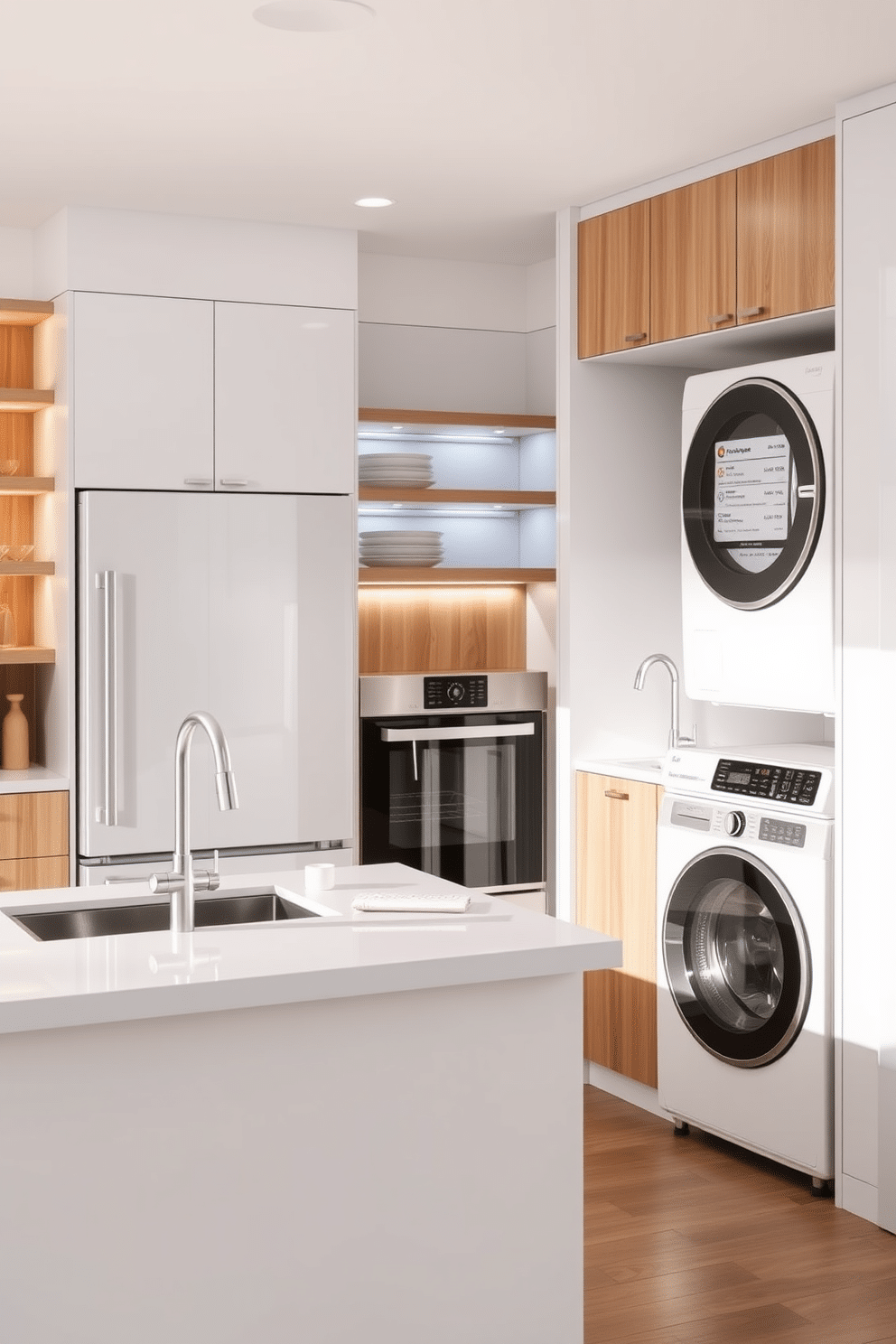 A modern kitchen equipped with smart home features for efficiency. The space includes a sleek island with integrated smart appliances, such as a refrigerator that tracks inventory and a touchless faucet. The kitchen features open shelving with LED lighting and a smart oven that can be controlled via a mobile app. The design incorporates a neutral color palette with natural wood accents, creating a warm and inviting atmosphere. A functional laundry room designed with efficiency in mind. The room includes a stacked washer and dryer with smart technology that alerts users when cycles are complete. The laundry room features built-in cabinetry for storage and a countertop for folding clothes, all styled in a bright and airy color scheme. A small sink is included for hand-washing delicate items, enhancing the room's practicality.