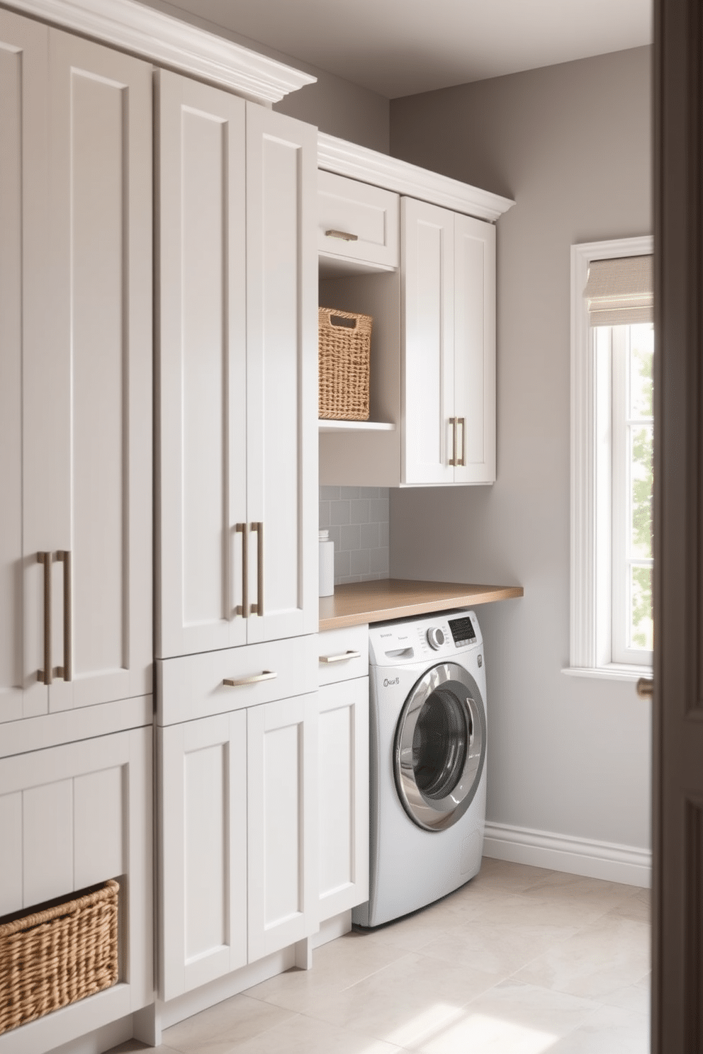 A stylish kitchen laundry room features a combination of functional and aesthetic elements. The space is equipped with sleek cabinetry in a soft white finish, providing ample storage alongside beautifully woven baskets for organized storage. The laundry area includes a modern washer and dryer set, seamlessly integrated into the cabinetry. Natural light floods the room through a large window, illuminating the light gray walls and a chic backsplash that adds a touch of elegance.