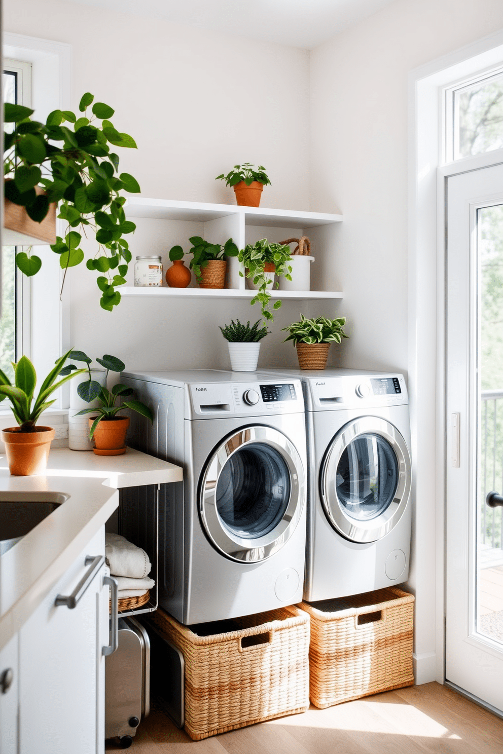 A bright and airy kitchen laundry room filled with natural light. Potted plants are strategically placed on the windowsill and countertops, adding a fresh touch to the space. The laundry area features a sleek, modern washer and dryer set, surrounded by open shelving for easy access to laundry supplies. Stylish baskets made from natural materials are neatly arranged below the shelves, enhancing the room's functionality and aesthetic.