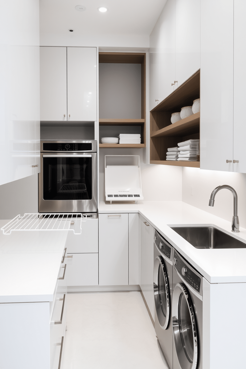 A sleek, minimalistic kitchen laundry room features clean lines and a neutral color palette. The cabinetry is streamlined with a high-gloss finish, complemented by stainless steel appliances and a large, unobtrusive sink. The countertops are made of white quartz, providing a seamless look that enhances the modern aesthetic. A minimalist drying rack is neatly integrated into the design, while open shelving displays neatly organized laundry essentials.