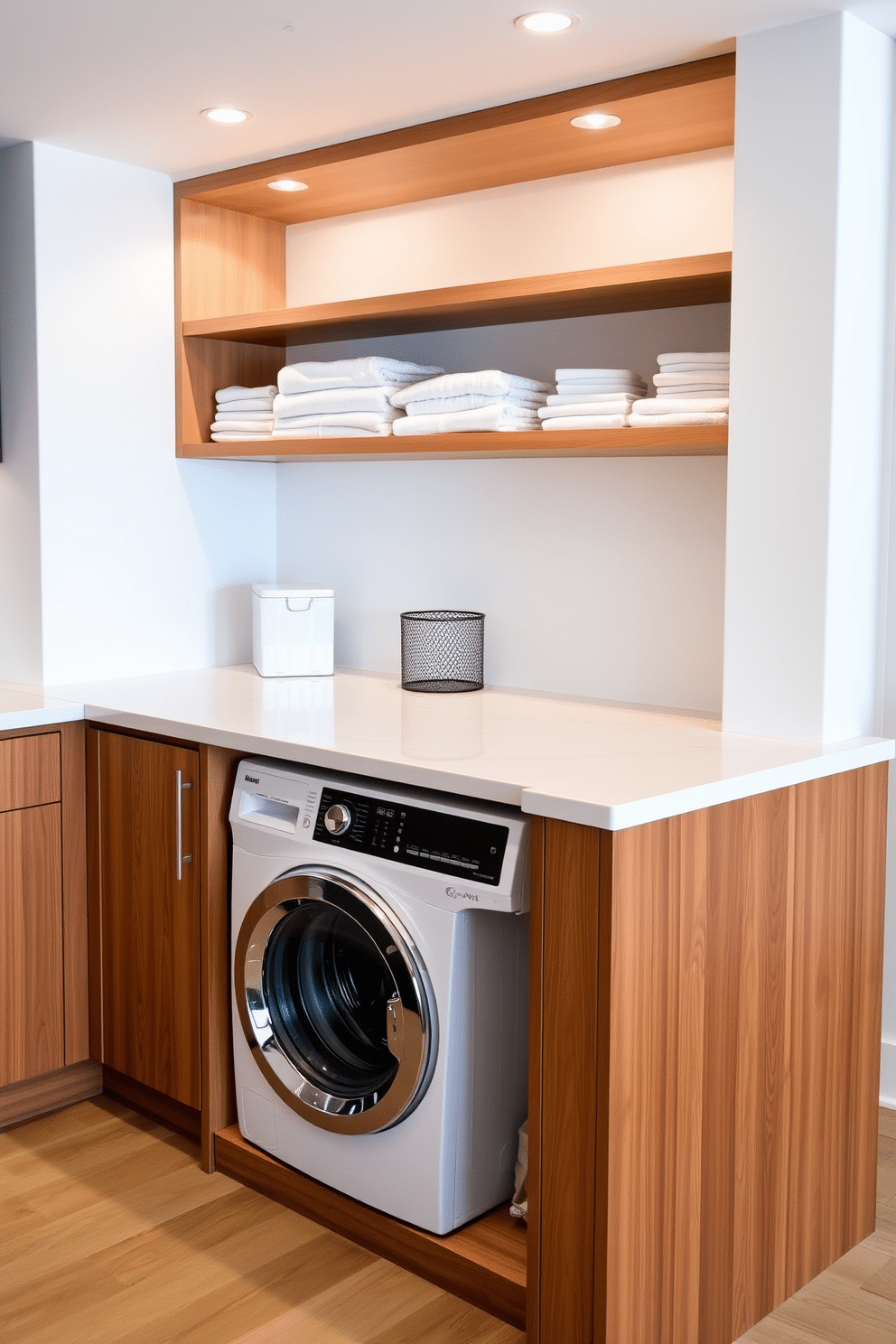 A modern kitchen island features an integrated laundry nook with a sleek, concealed washer and dryer. The island is finished in a warm wood tone, complemented by a white quartz countertop that extends over the laundry area. Above the laundry nook, open shelves display neatly folded towels and laundry supplies, adding functionality and style. Soft, ambient lighting illuminates the space, creating a cozy atmosphere while maintaining a clean and organized look.