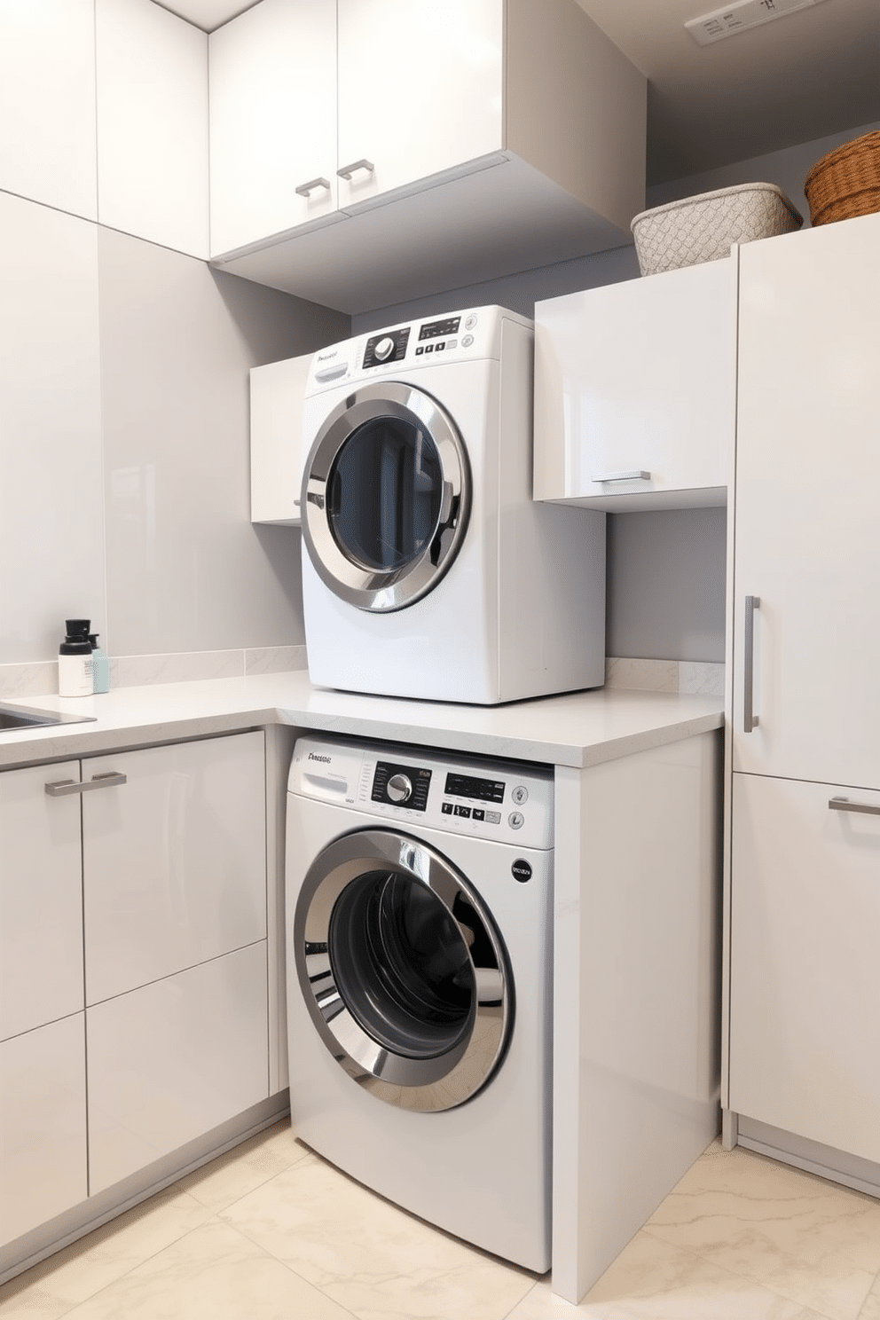 A functional kitchen laundry room featuring easy-to-clean surfaces for practicality. The cabinetry is made of glossy white laminate, complemented by a durable quartz countertop that resists stains and scratches. Incorporated into the design is a stackable washer and dryer, seamlessly integrated into the cabinetry for a streamlined look. The floor is finished with large-format porcelain tiles that mimic marble, providing both elegance and low maintenance.