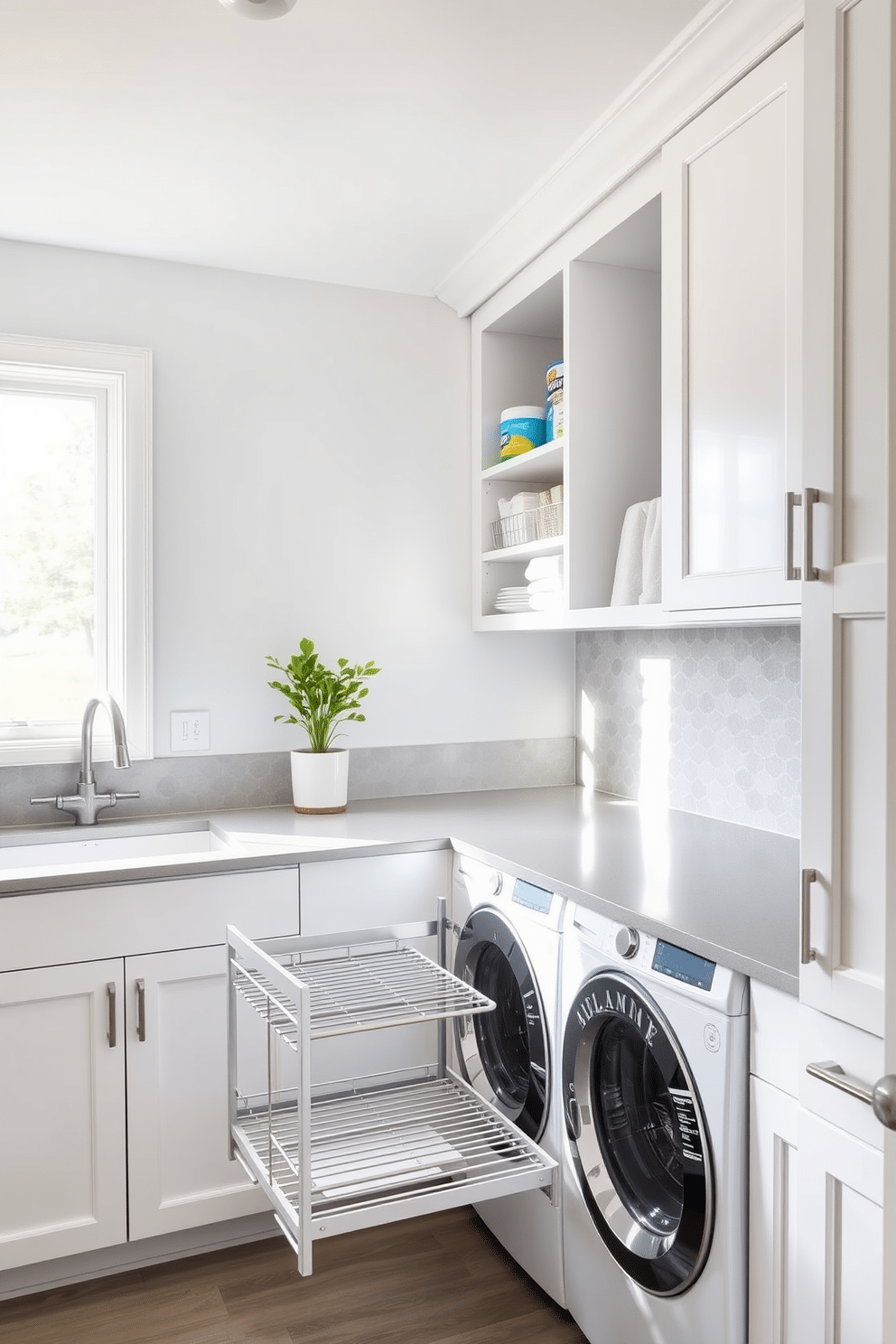 A modern kitchen laundry room features a sleek design with a pull-out drying rack conveniently positioned beside the sink. The cabinetry is a crisp white, complemented by a stylish gray countertop and a subtle backsplash that adds texture without overwhelming the space. Natural light floods the room through a large window, illuminating the organized shelves stocked with laundry essentials. A small potted plant adds a touch of greenery, enhancing the overall inviting atmosphere of this functional yet beautiful space.