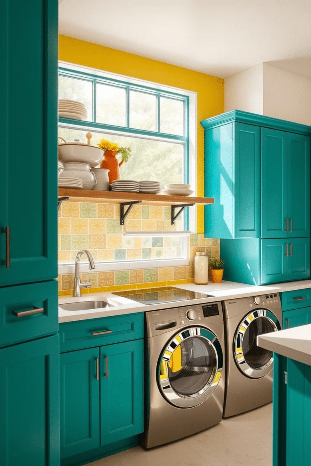 A vibrant kitchen laundry room featuring colorful cabinetry in shades of teal and sunny yellow. The space is brightened by natural light streaming through a large window, highlighting the playful patterns on the backsplash tiles. Incorporate open shelving above the cabinetry to display cheerful dishware and decorative items. A stylish washer and dryer are seamlessly integrated into the cabinetry, creating a functional yet inviting atmosphere.