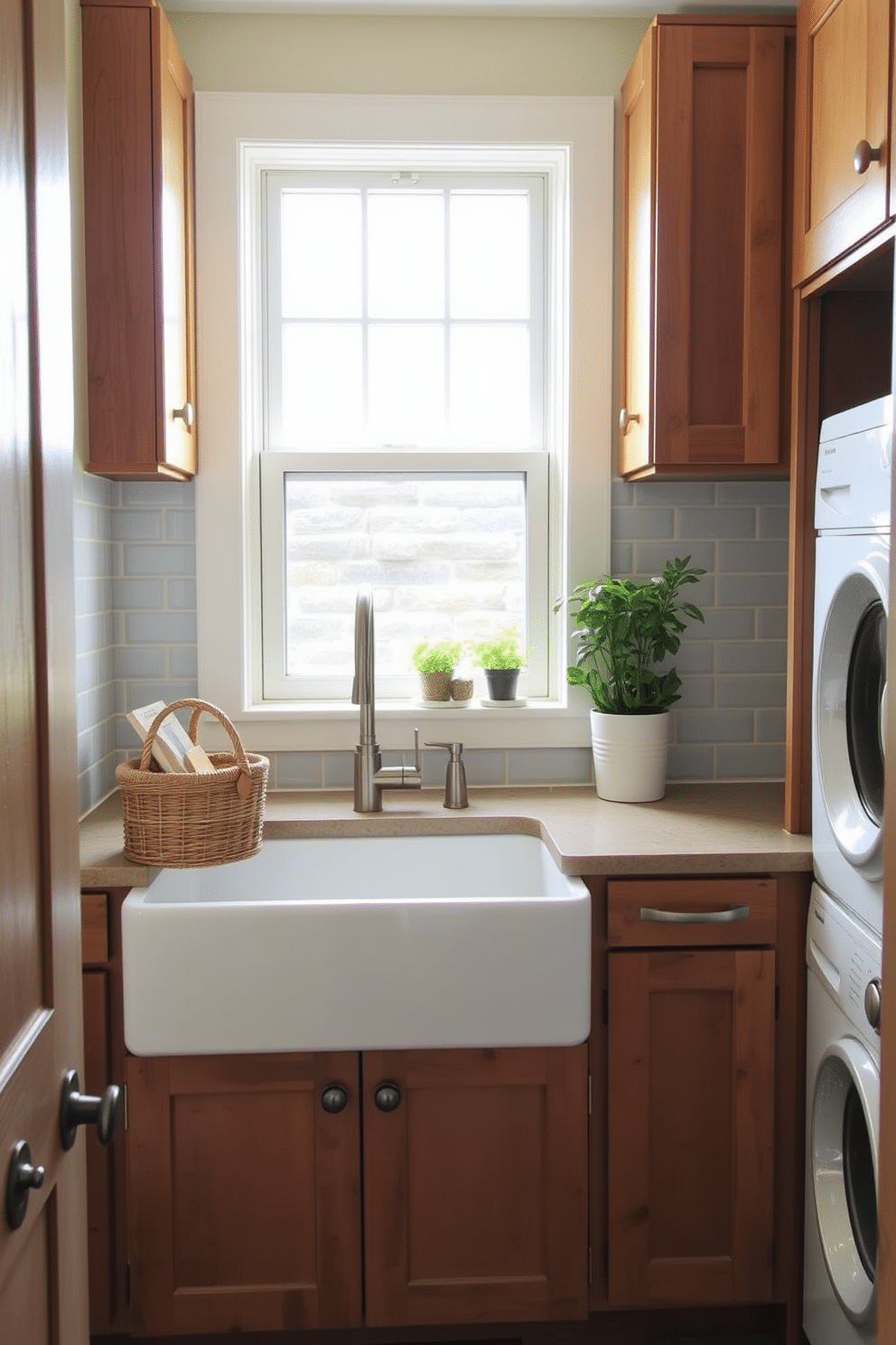 A cozy kitchen laundry room featuring a large farmhouse sink with a brushed nickel faucet, surrounded by rustic wooden cabinetry. The space is well-lit with natural light streaming in through a window above the sink, and a stylish backsplash in soft blue tiles adds a charming touch. Adjacent to the sink, a dedicated laundry area includes a stacked washer and dryer, neatly integrated into the cabinetry. A woven basket sits on the countertop, providing a practical yet decorative element, while potted herbs on the windowsill enhance the inviting atmosphere.