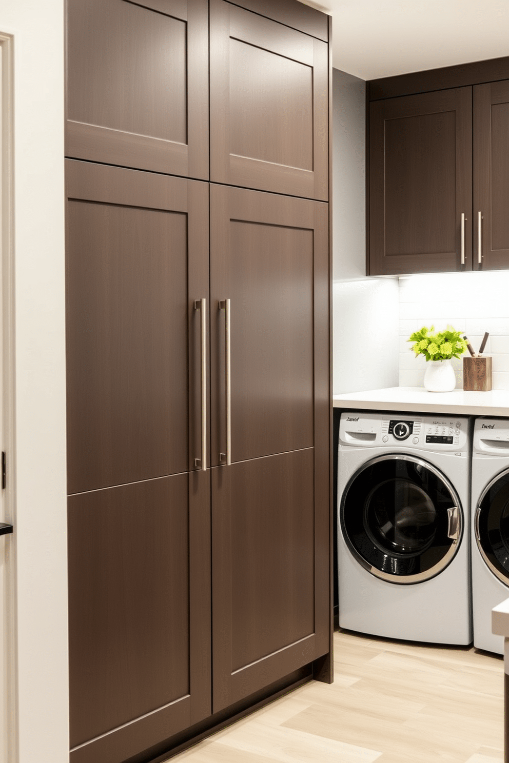 A stylish kitchen laundry room features sleek cabinet doors that seamlessly blend with the kitchen decor, providing a discreet space for laundry appliances. The design incorporates a functional countertop for folding clothes, alongside a built-in sink for convenience, all surrounded by a harmonious color palette that complements the kitchen.