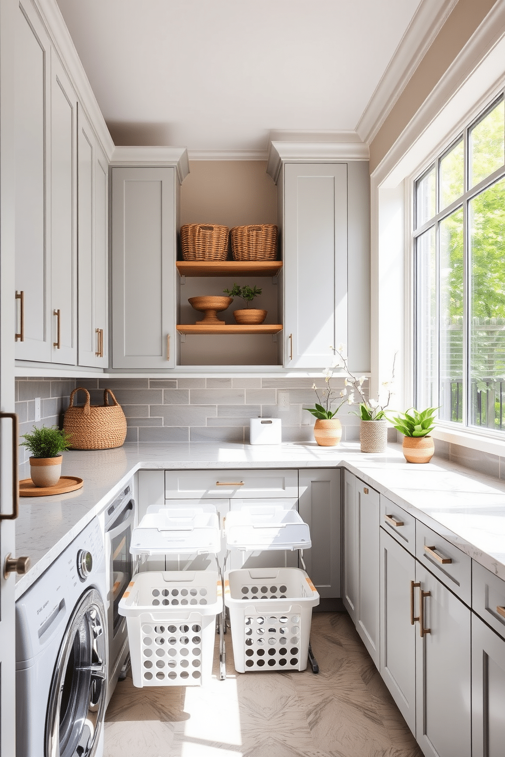 A functional laundry room featuring a pull-out drawer system for laundry baskets, seamlessly integrated into the cabinetry. The room is adorned with light gray cabinets, a spacious countertop for folding, and a stylish backsplash that adds a pop of color. Natural light floods the space through a large window, enhancing the bright and airy atmosphere. Decorative elements such as potted plants and woven baskets create a welcoming and organized environment.