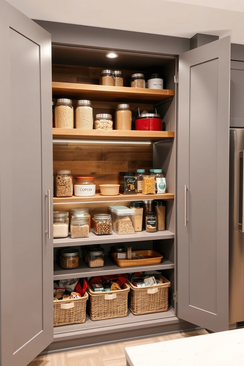 Open shelving creates an inviting and functional kitchen pantry, showcasing neatly organized jars and containers filled with grains, spices, and snacks. The shelves are crafted from reclaimed wood, adding warmth to the space, while decorative baskets provide a touch of texture and keep items tidy. The kitchen pantry cabinet features a sleek design with a combination of closed storage and open shelving, allowing for both concealment and display. Soft-close doors in a matte finish complement the modern aesthetic, while the interior is illuminated with LED strip lighting to highlight the beautifully arranged pantry essentials.