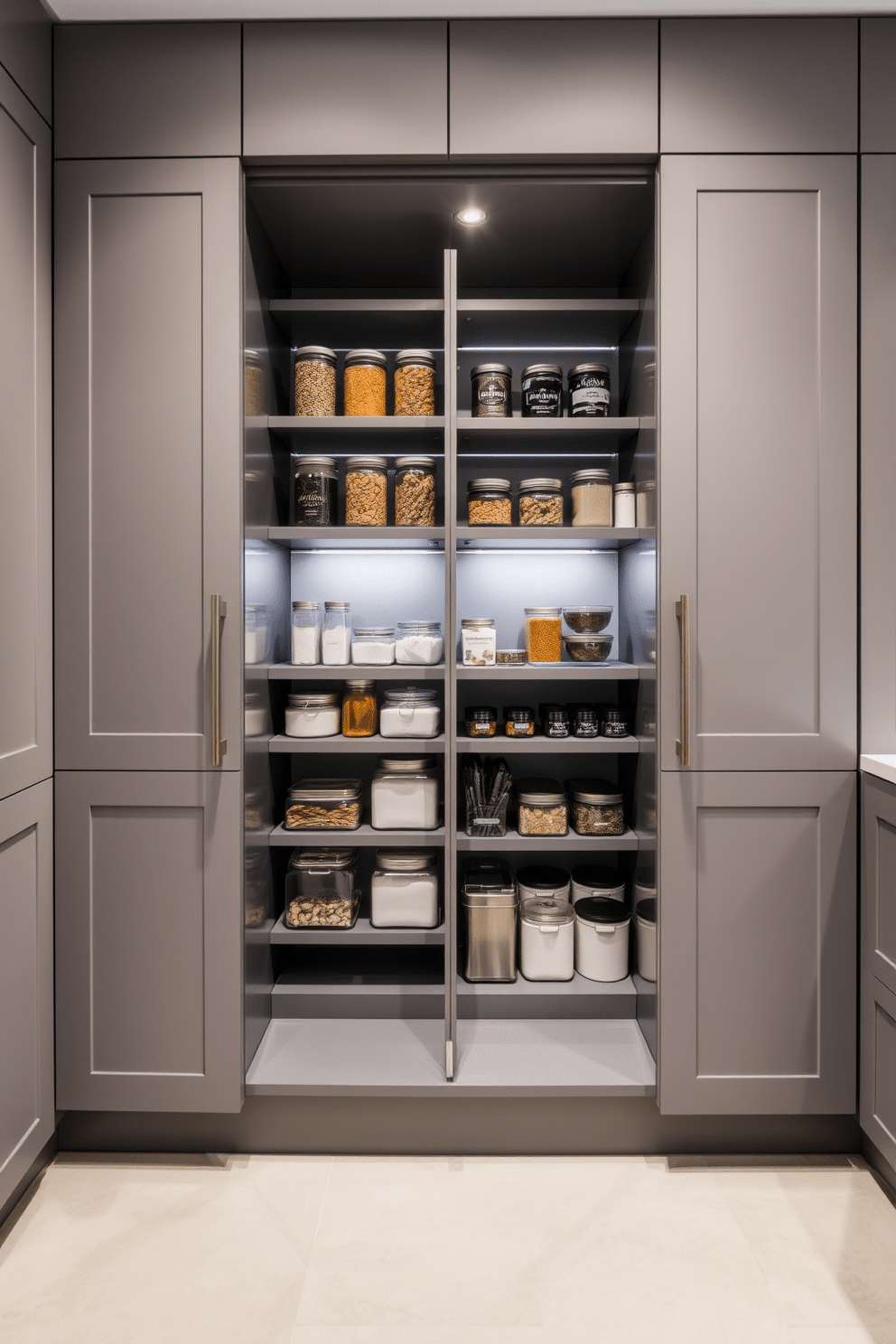 A hidden pantry seamlessly integrated behind elegantly designed cabinet doors, offering a sleek and modern aesthetic. The cabinetry features a matte finish in a soft gray tone, with minimalist handles that blend into the design. Inside the pantry, organized shelves display an array of jars and containers, showcasing a functional yet stylish storage solution. Soft LED lighting illuminates the space, enhancing the visual appeal while providing easy access to all pantry essentials.