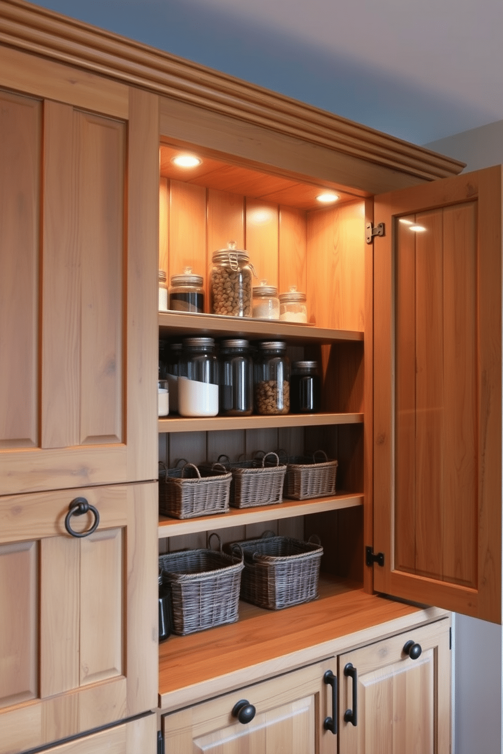 A rustic kitchen pantry cabinet features warm wooden finishes that create an inviting atmosphere. The cabinet is adorned with vintage hardware, showcasing a blend of functionality and charm. Open shelving displays neatly organized jars and baskets, adding a personal touch to the space. Soft, ambient lighting highlights the textures of the wood and the curated items within.