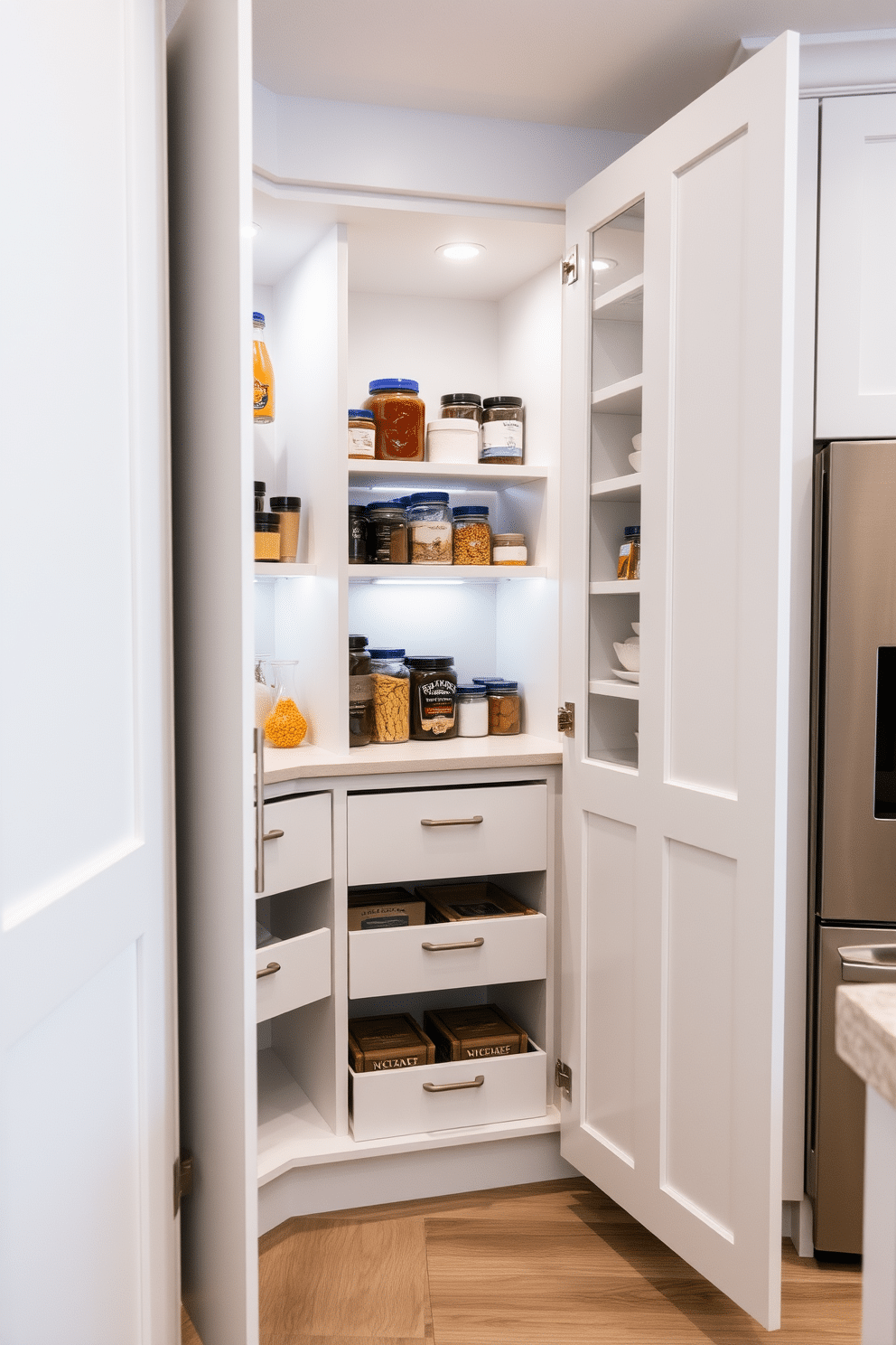 A minimalist kitchen pantry cabinet features sleek, handle-less doors in a soft matte finish, blending seamlessly with the surrounding cabinetry. Inside, open shelving showcases neatly organized jars and containers, while integrated LED lighting highlights the clean lines and enhances the airy feel of the space. The pantry's layout maximizes storage efficiency, with pull-out drawers and adjustable shelves allowing for easy access to ingredients and kitchen essentials. A neutral color palette of whites and grays creates a calming atmosphere, complemented by subtle textures in the cabinetry and flooring.