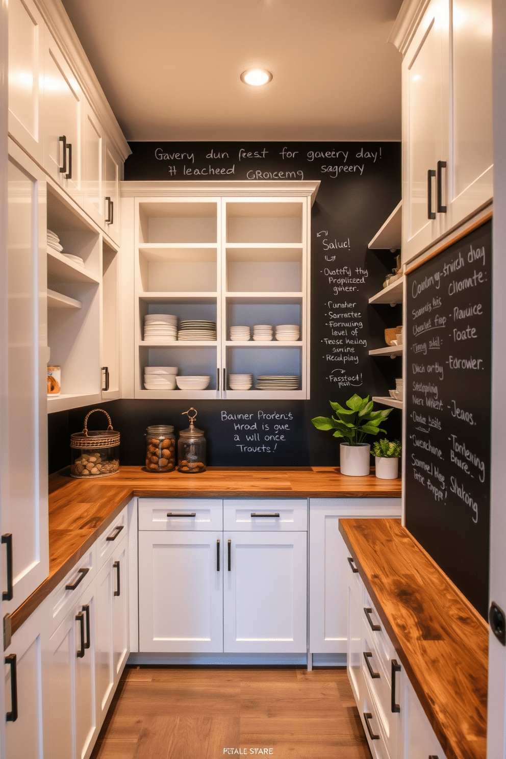 A modern pantry featuring a chalkboard wall that adds a playful touch for notes and grocery lists. The space includes sleek cabinetry with a mix of open shelves and closed storage, all in a crisp white finish. The pantry is illuminated by warm, recessed lighting that highlights the organized layout. A rustic wooden countertop provides a functional workspace, complemented by decorative jars and plants for a welcoming atmosphere.