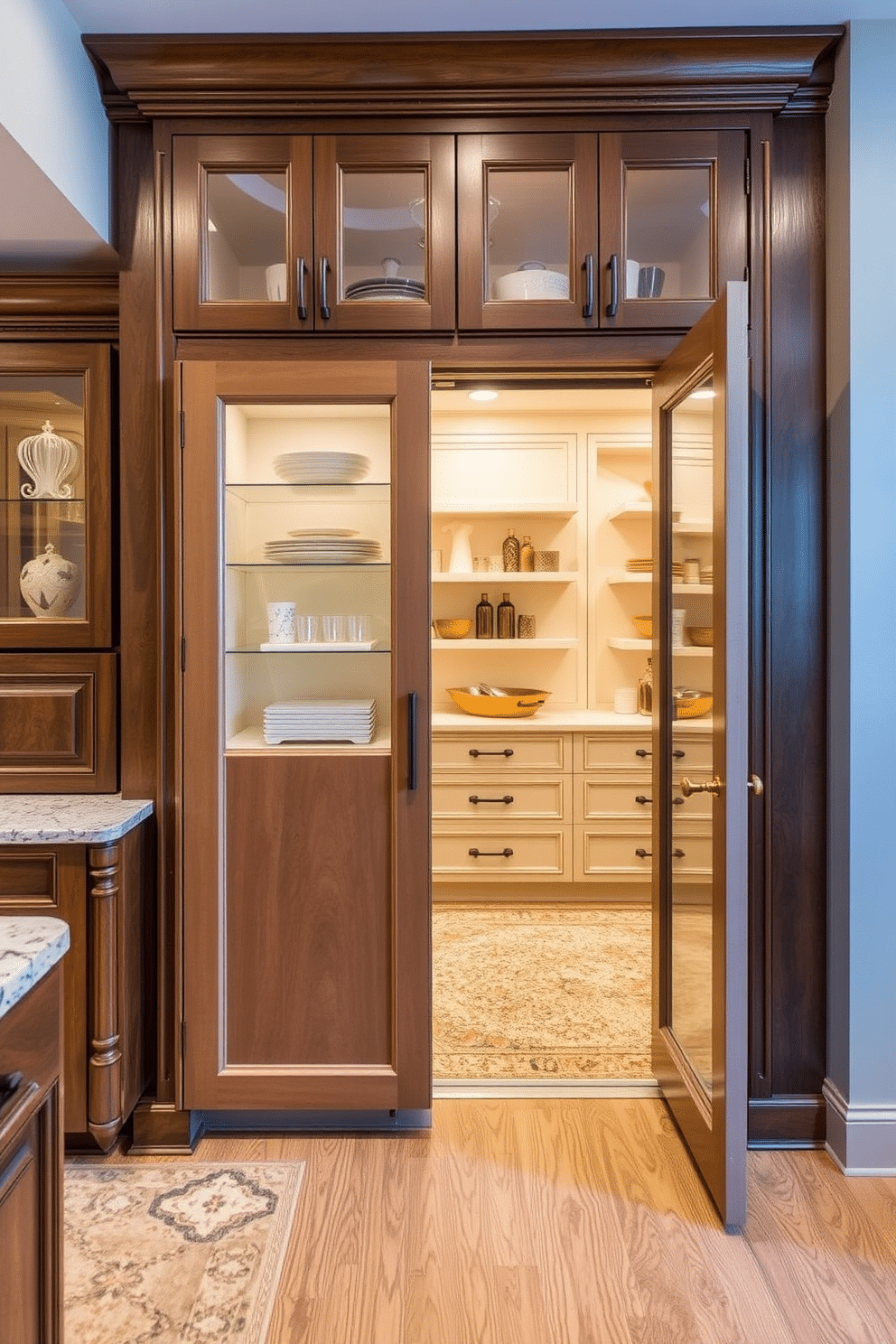 Custom cabinetry for unique layouts. Imagine a spacious kitchen featuring bespoke cabinetry that perfectly fits the room's dimensions, showcasing intricate woodwork and a rich finish. Kitchen pantry cabinet design ideas. Visualize a modern pantry with sleek, floor-to-ceiling cabinets that incorporate pull-out shelves and glass-front doors, enhancing both functionality and aesthetics.