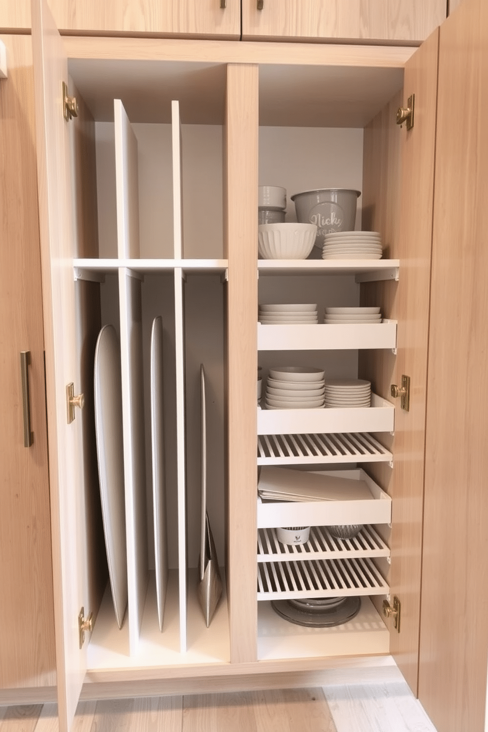 A sleek kitchen pantry cabinet featuring vertical dividers specifically designed for organizing baking sheets. The cabinet is made of light wood with a soft-close mechanism, and it includes adjustable shelves for storing various baking accessories. The interior is painted in a crisp white, providing a bright contrast to the natural wood finish. Elegant brass handles add a touch of sophistication, while the layout ensures easy access to all baking essentials.