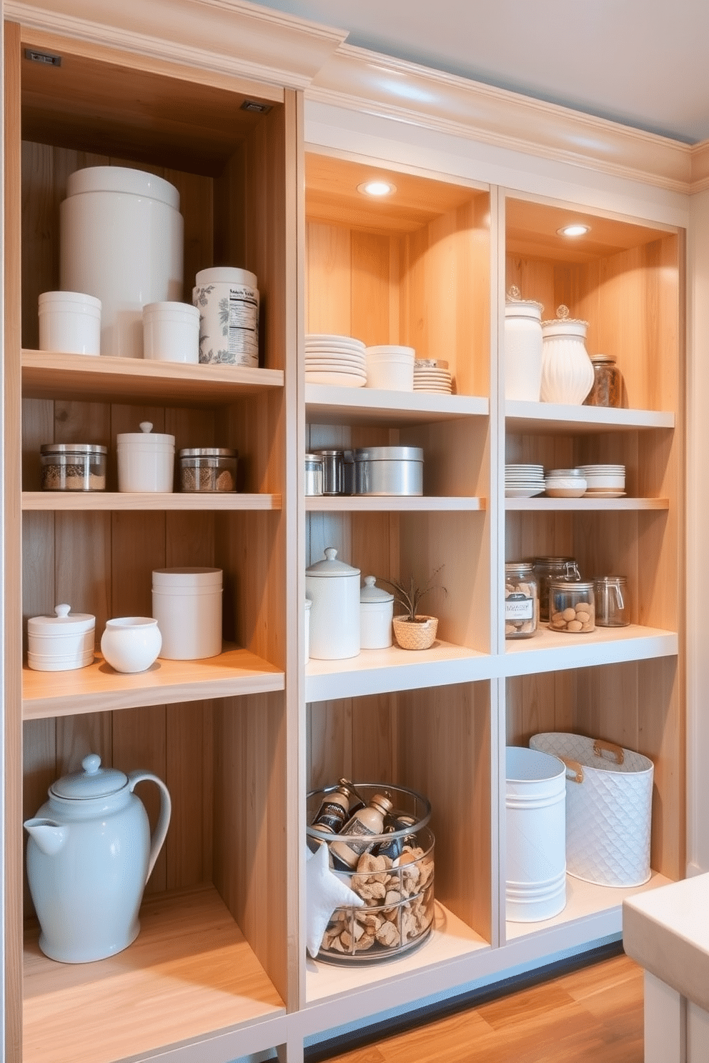 Open cubbies create an inviting and functional kitchen pantry, allowing for quick access to frequently used items. The design features natural wood shelving and a mix of decorative containers, providing both organization and aesthetic appeal. Incorporating a variety of heights in the cubbies enhances visual interest, while a soft color palette keeps the space feeling fresh and airy. Thoughtful lighting highlights the pantry's contents, making it a stylish and practical addition to any kitchen.