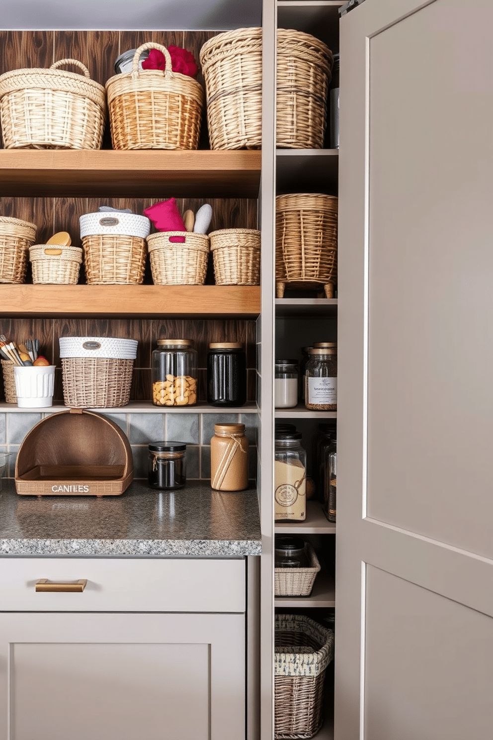 A collection of decorative baskets in various sizes and textures is neatly arranged on a rustic wooden shelf. The baskets are filled with colorful kitchen essentials, adding a touch of warmth and organization to the space. The kitchen pantry cabinet features sleek, modern cabinetry with a matte finish, complemented by brushed gold hardware. Inside, open shelving displays neatly organized jars and baskets, creating an inviting and functional storage solution.