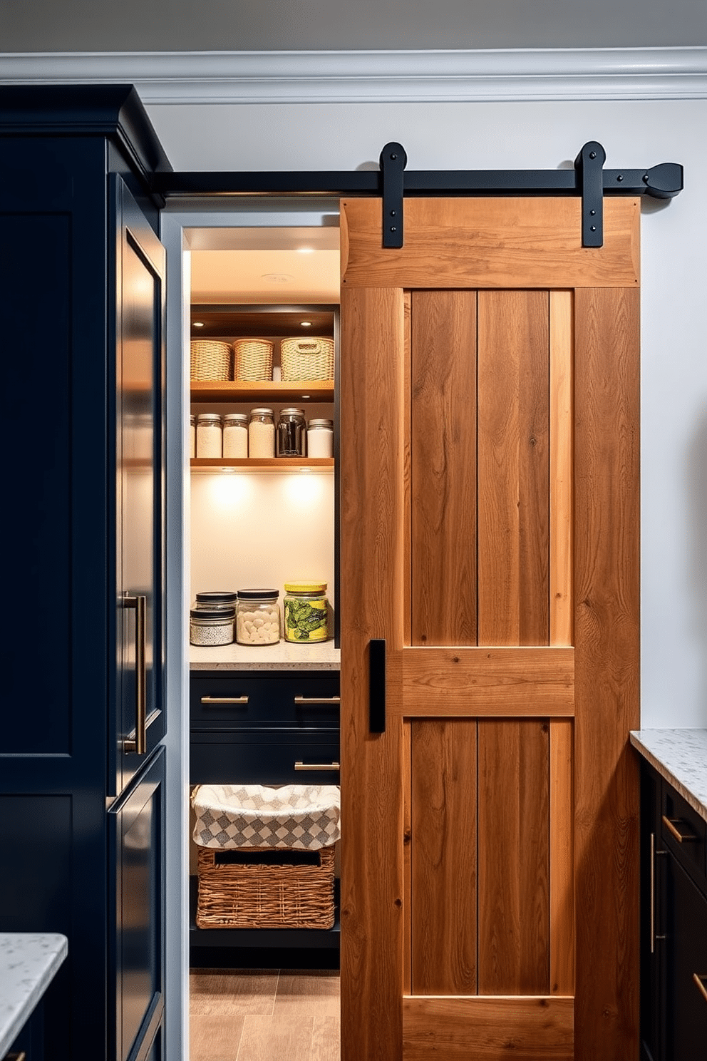 A stylish pantry featuring a sliding barn door made of reclaimed wood, adding a rustic charm to the space. Inside, the pantry is organized with open shelves displaying neatly arranged jars and baskets, complemented by warm, ambient lighting. The cabinetry is designed with a mix of deep navy blue and natural wood finishes, creating a modern yet inviting atmosphere. A small countertop area is included for meal prep, adorned with fresh herbs in decorative pots.