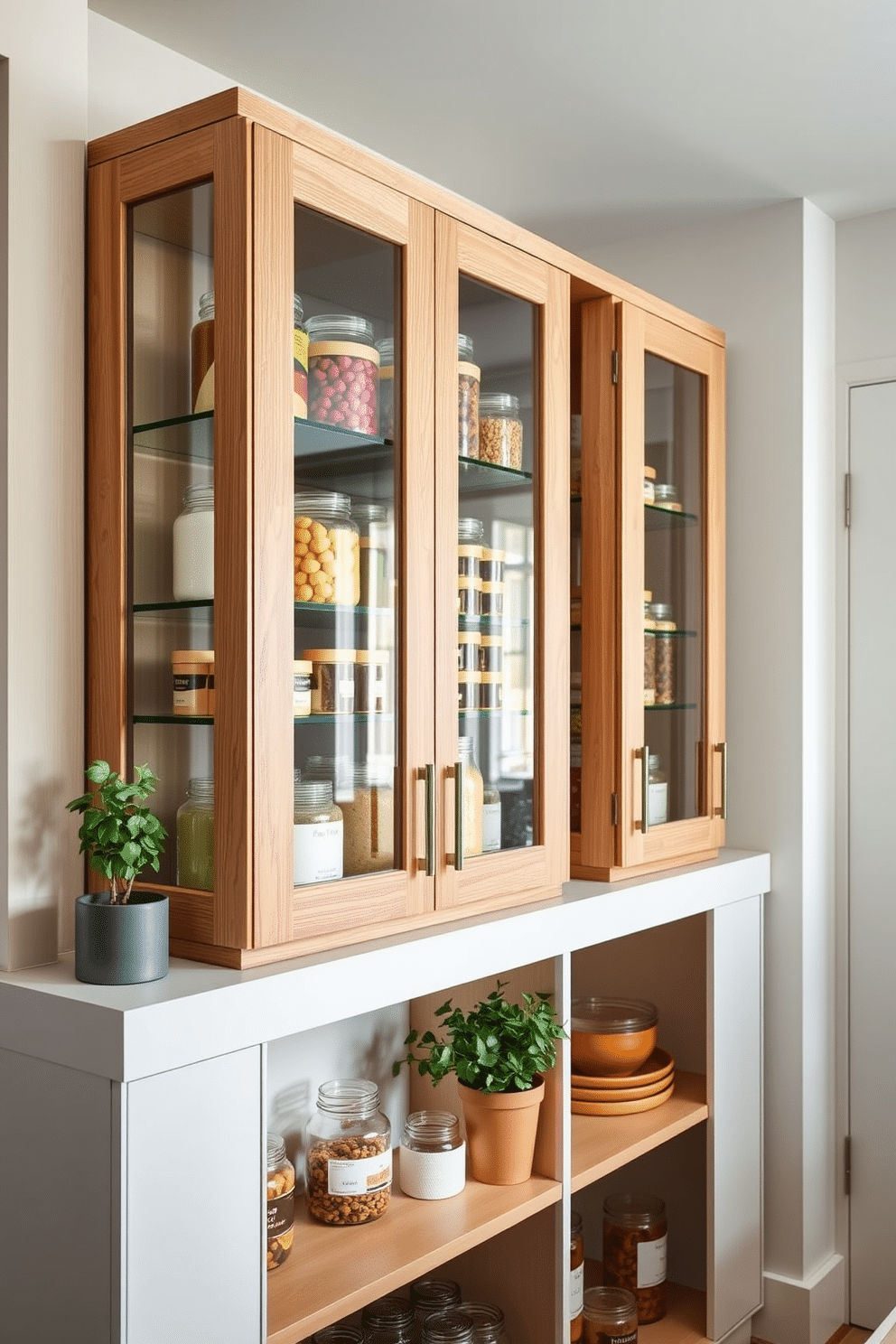 A stylish kitchen pantry featuring glass-front cabinets that showcase neatly organized jars and containers. The cabinets are framed in a sleek, modern wood with a matte finish, complementing the bright, airy atmosphere of the space. The pantry includes open shelving beneath the cabinets for easy access to frequently used items. A warm, neutral color palette enhances the inviting feel, while decorative accents like potted herbs add a touch of greenery.