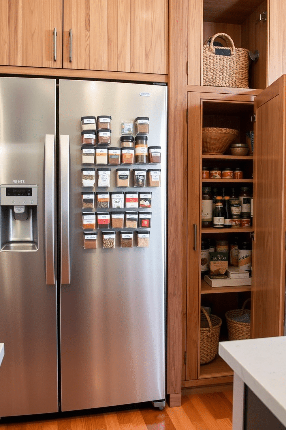 A sleek refrigerator adorned with magnetic spice jars, each labeled for easy access, stands prominently in a modern kitchen. The jars are arranged in a visually appealing manner, enhancing both functionality and aesthetics. The kitchen pantry cabinet features a combination of open shelving and closed storage, showcasing an organized display of ingredients. Warm wood tones and stylish hardware create a welcoming atmosphere, while decorative baskets add texture and charm.