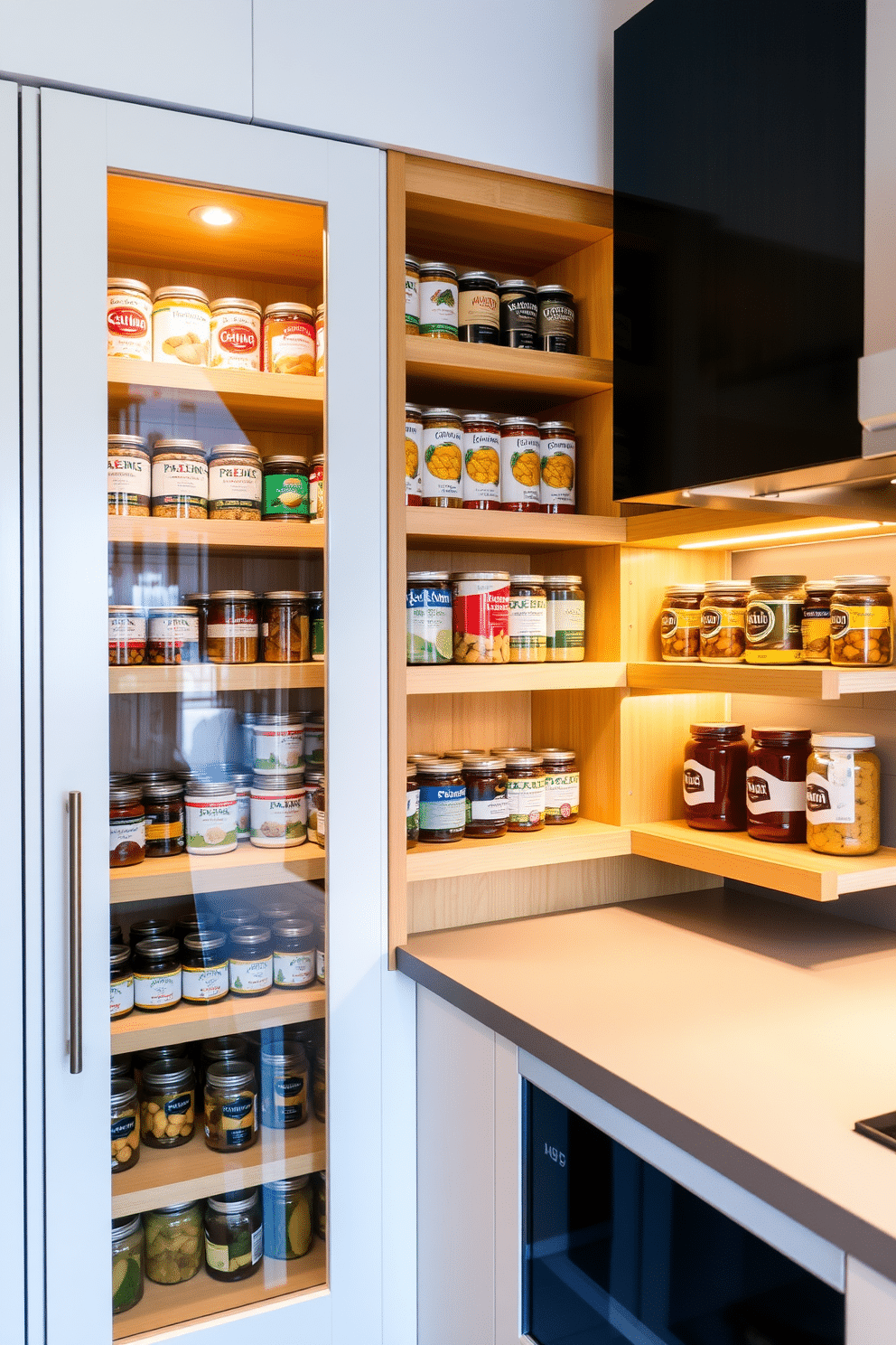 A modern kitchen pantry with tiered shelving designed for canned goods. The shelves are crafted from natural wood, showcasing an organized display of colorful canned items arranged by size and type. The pantry features a sleek, white cabinet with glass doors, allowing easy visibility of the contents inside. Soft LED lighting illuminates the space, highlighting the neatly arranged jars and providing a warm ambiance.