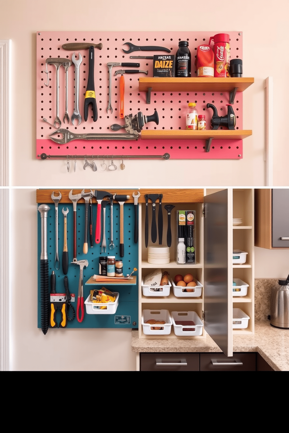 A stylish wall-mounted pegboard displays an organized array of tools, featuring a mix of metal hooks and wooden shelves for added functionality. The background is painted in a soft, neutral color, while the pegboard itself is finished in a vibrant hue to create a focal point in the space. The kitchen pantry cabinet design showcases sleek cabinetry with a combination of open shelves and closed storage. The cabinets are adorned with modern hardware, and the interior features pull-out bins for easy access to ingredients, all set against a backdrop of warm, inviting colors.