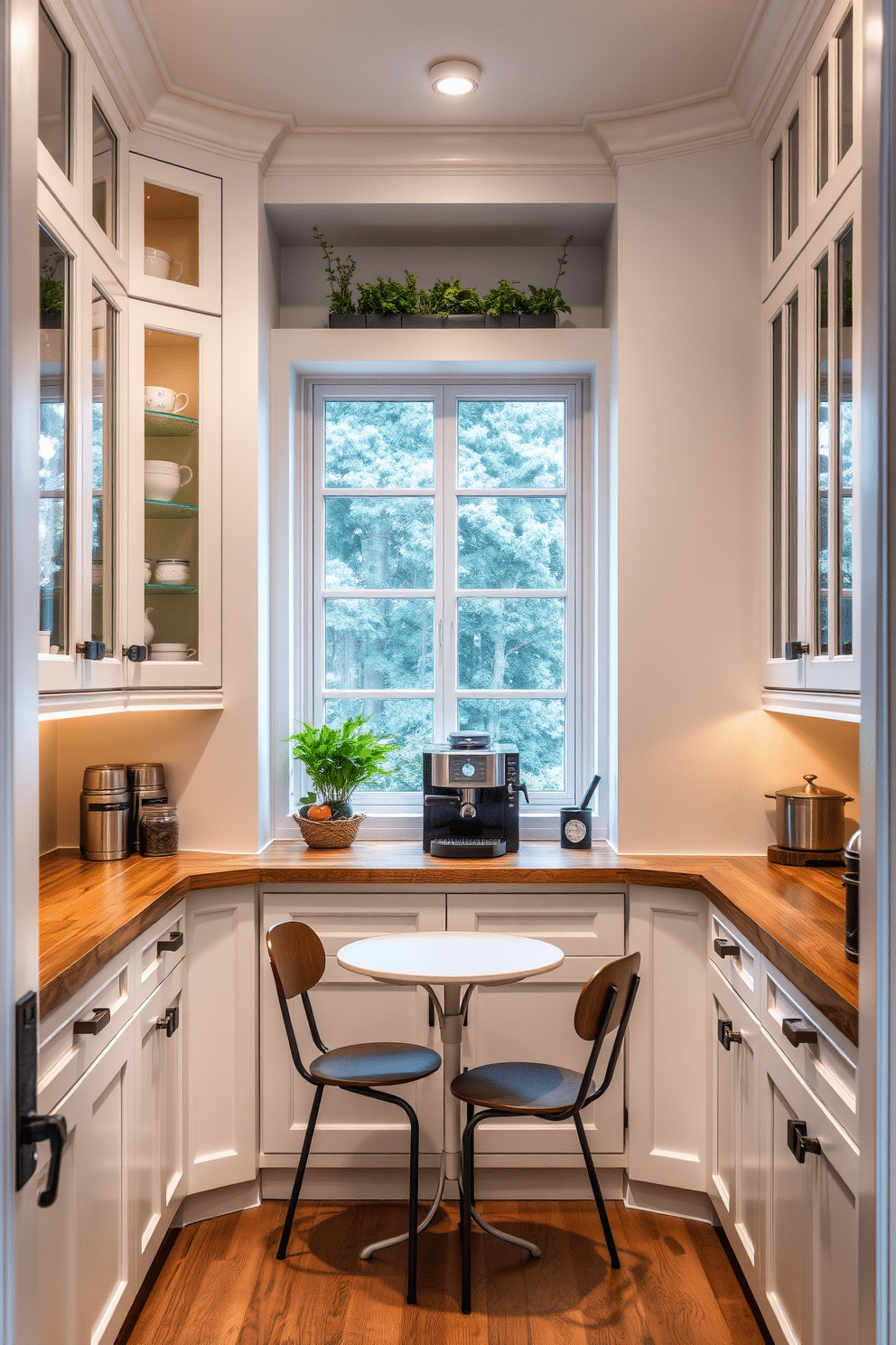 A stylish pantry featuring a built-in coffee station, complete with a sleek espresso machine and a wooden countertop for preparation. The cabinetry is painted in a soft white, with glass-front doors displaying neatly organized coffee mugs and jars of coffee beans, while a small herb garden sits on the windowsill. The pantry is designed with ample storage, including pull-out shelves and deep drawers for easy access to kitchen essentials. A cozy seating nook with a small bistro table and two chairs invites casual coffee breaks, surrounded by warm, ambient lighting.