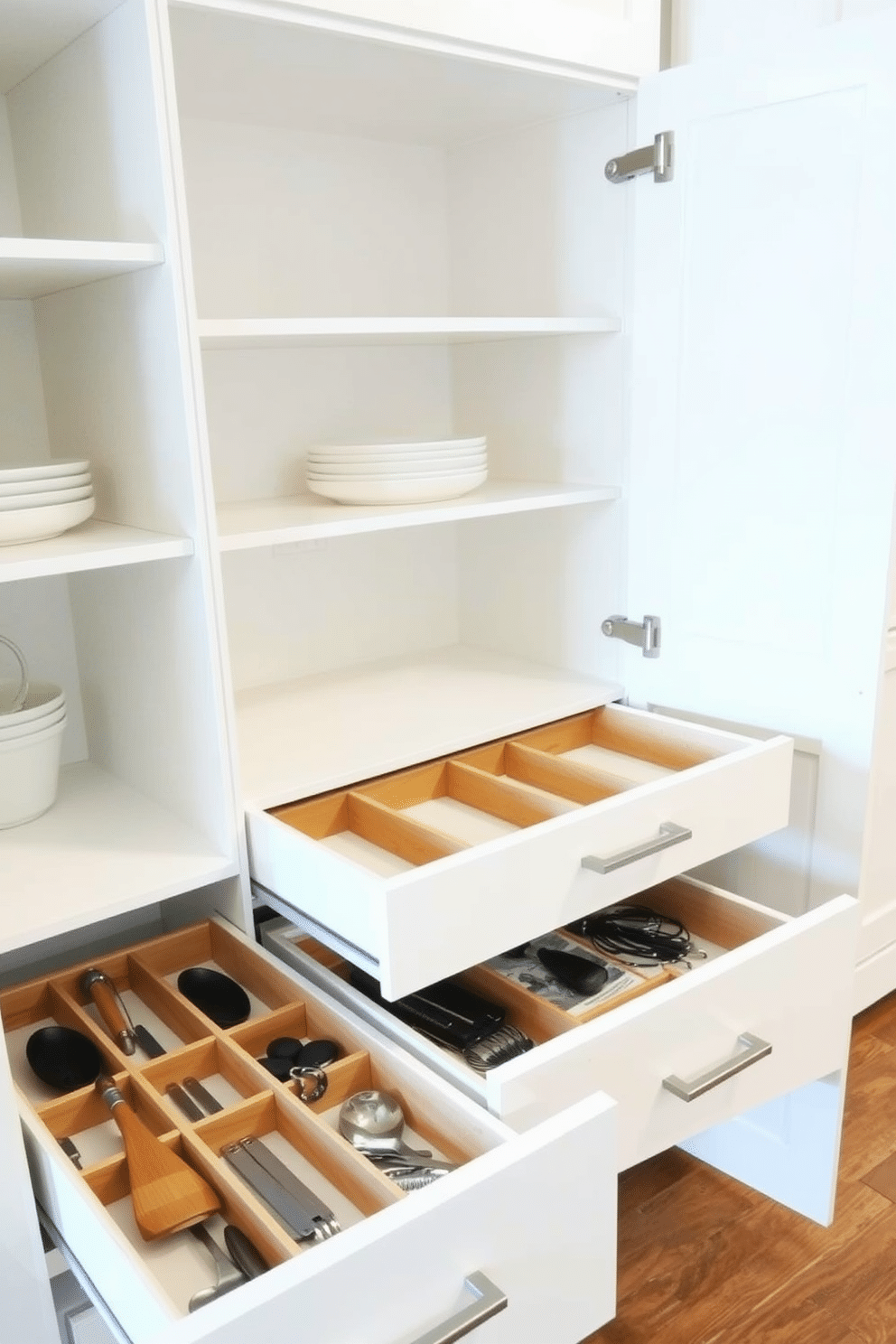 A sleek kitchen pantry cabinet features adjustable shelves and pull-out drawers, maximizing storage efficiency. The exterior is finished in a soft white, complemented by brushed nickel handles, creating a clean and modern look. Inside, drawer dividers organize utensils and tools, ensuring easy access and a clutter-free space. The dividers are crafted from bamboo, adding a touch of natural warmth to the interior while enhancing functionality.