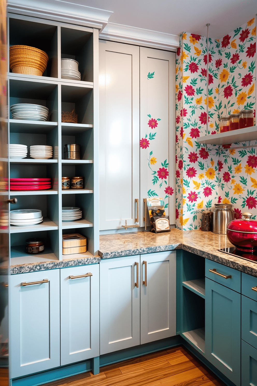 A vibrant kitchen pantry adorned with colorful wallpaper featuring playful patterns. The pantry cabinet is designed with sleek, modern lines and a mix of open shelving and closed compartments for optimal organization. The wallpaper showcases bright florals and geometric shapes, adding a whimsical element to the space. Soft, ambient lighting highlights the textures of the cabinet and the lively patterns, creating an inviting atmosphere.