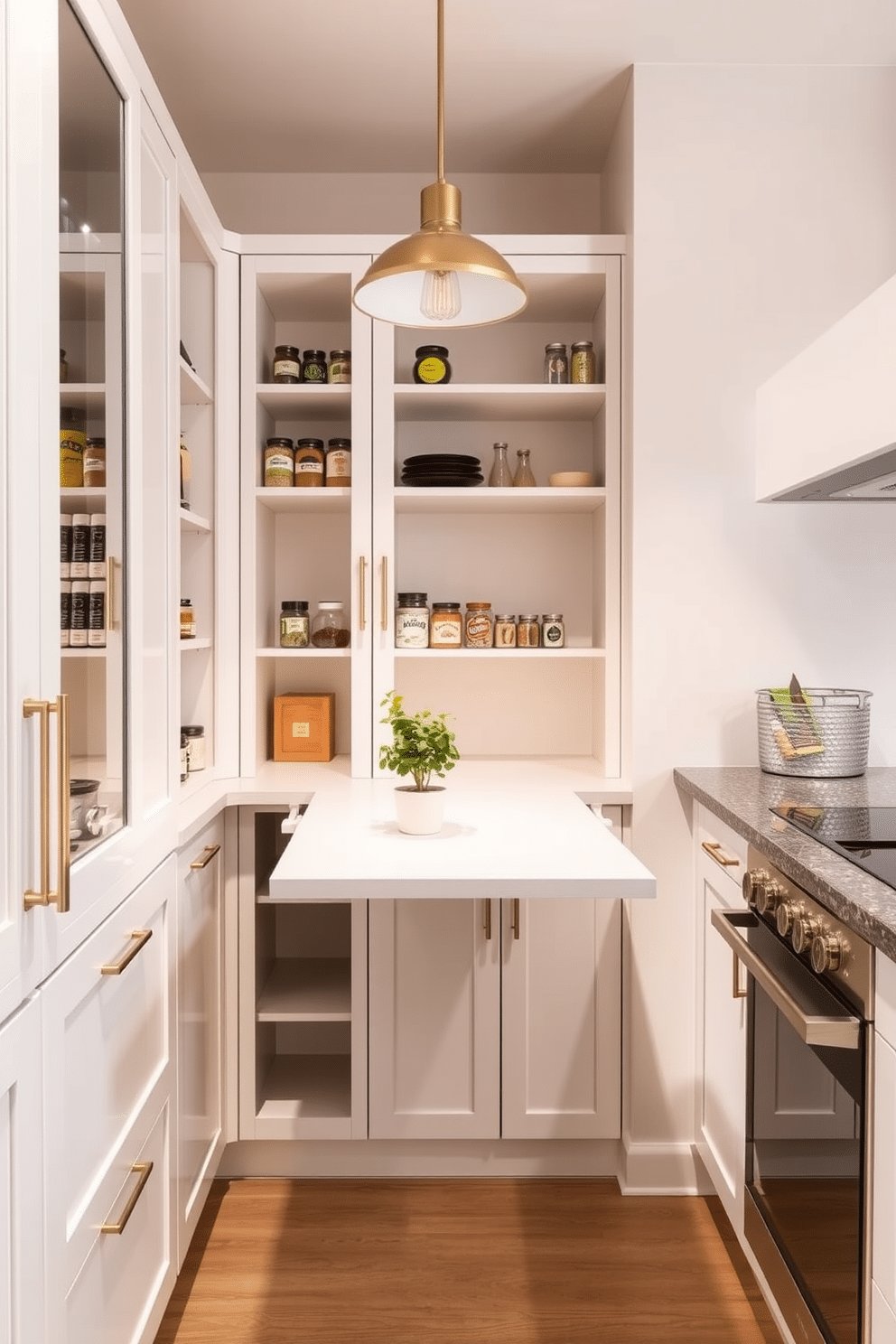 A modern kitchen pantry featuring a fold-down table that seamlessly integrates into the cabinetry. The pantry is designed with sleek, white cabinets and open shelving, showcasing neatly organized jars and spices, while the fold-down table provides a functional workspace for meal prep or enjoying a quick snack. The walls are painted in a soft, neutral tone, enhancing the bright and airy feel of the space. A stylish pendant light hangs above the table, adding a touch of elegance, while a small potted herb plant sits on the table, bringing a hint of greenery to the design.