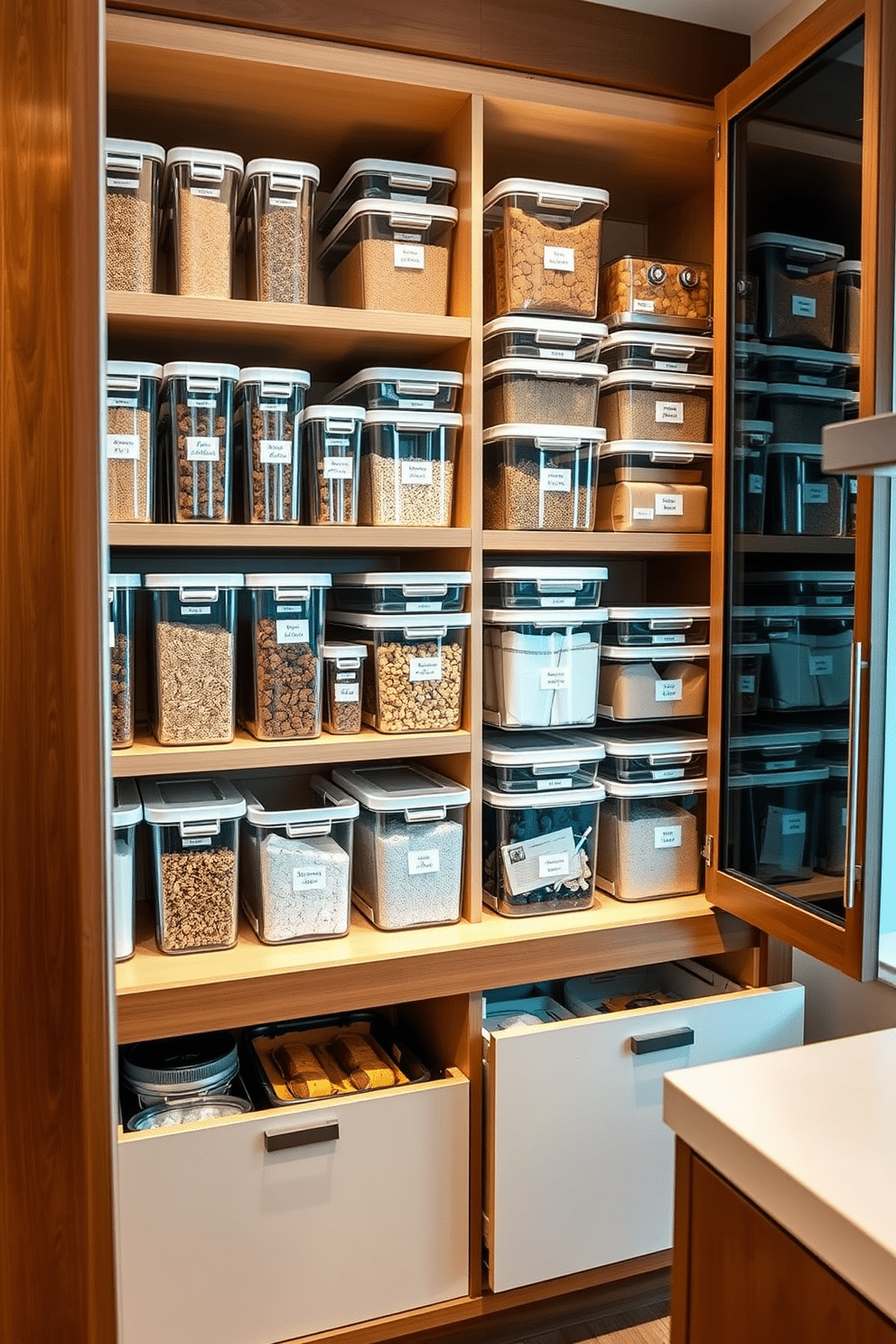 A modern kitchen pantry featuring sleek stackable containers for dry goods, organized neatly on open shelves. The containers are labeled and arranged by size, creating a visually appealing and functional storage solution. The pantry cabinet design incorporates a combination of wood and glass elements, with pull-out drawers for easy access to ingredients. Soft, warm lighting highlights the organized space, enhancing the inviting atmosphere of the kitchen.