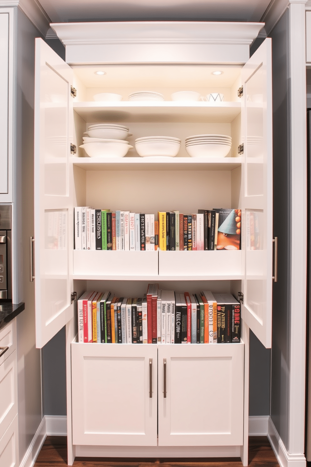 A modern kitchen pantry cabinet featuring vertical storage for cookbooks. The cabinet has sleek white doors, with open shelving above to display colorful cookbook spines and decorative kitchenware.