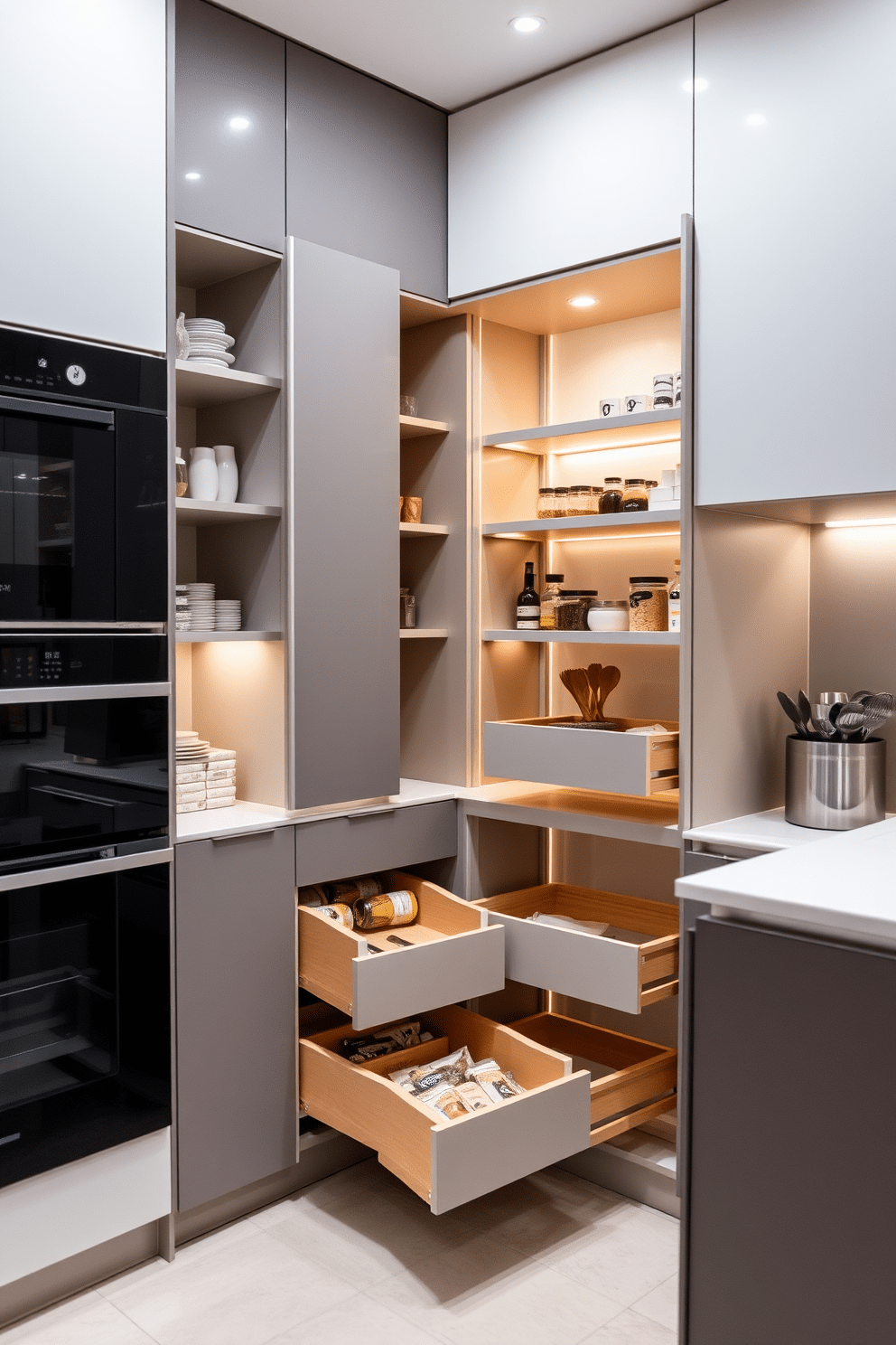 A modern kitchen pantry cabinet featuring pull-out drawers for efficient storage. The design includes sleek cabinetry with a glossy finish, and the interior showcases organized compartments for easy access to ingredients and utensils. The pantry is illuminated with LED strip lighting, highlighting the contents and providing a warm ambiance. A combination of open shelving and closed cabinets creates a balanced look, while a subtle color palette of soft grays and whites enhances the overall elegance.