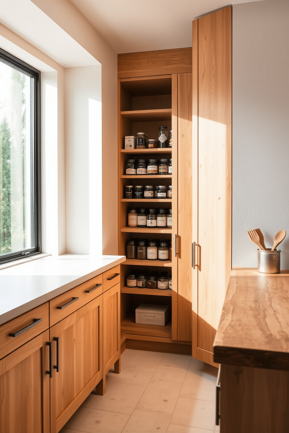 A cozy kitchen pantry featuring a large window that allows natural light to flood the space. The pantry cabinets are crafted from light oak wood, with sleek, modern handles and an open shelving unit displaying neatly organized jars and spices. The walls are painted a soft cream color, enhancing the brightness of the room. A rustic wooden countertop runs along one side, providing a perfect spot for meal prep and additional storage.