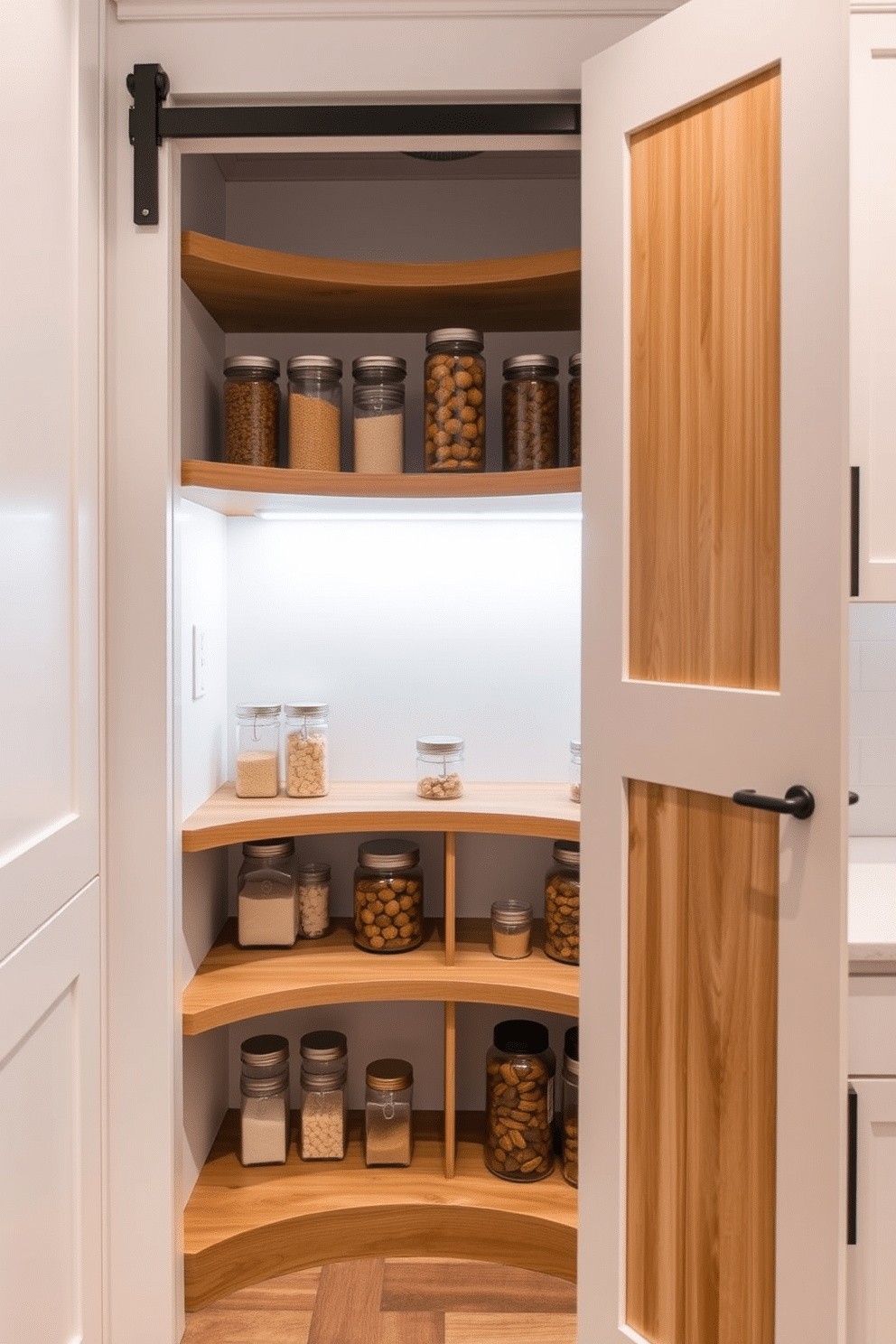 A stylish corner pantry featuring rotating shelves that maximize storage efficiency. The shelves are crafted from natural wood, providing a warm contrast to the sleek white cabinetry surrounding them. The pantry door is a chic sliding barn door, adding a rustic touch to the modern kitchen. Soft LED lighting illuminates the interior, highlighting neatly organized jars and containers for a clean and inviting look.