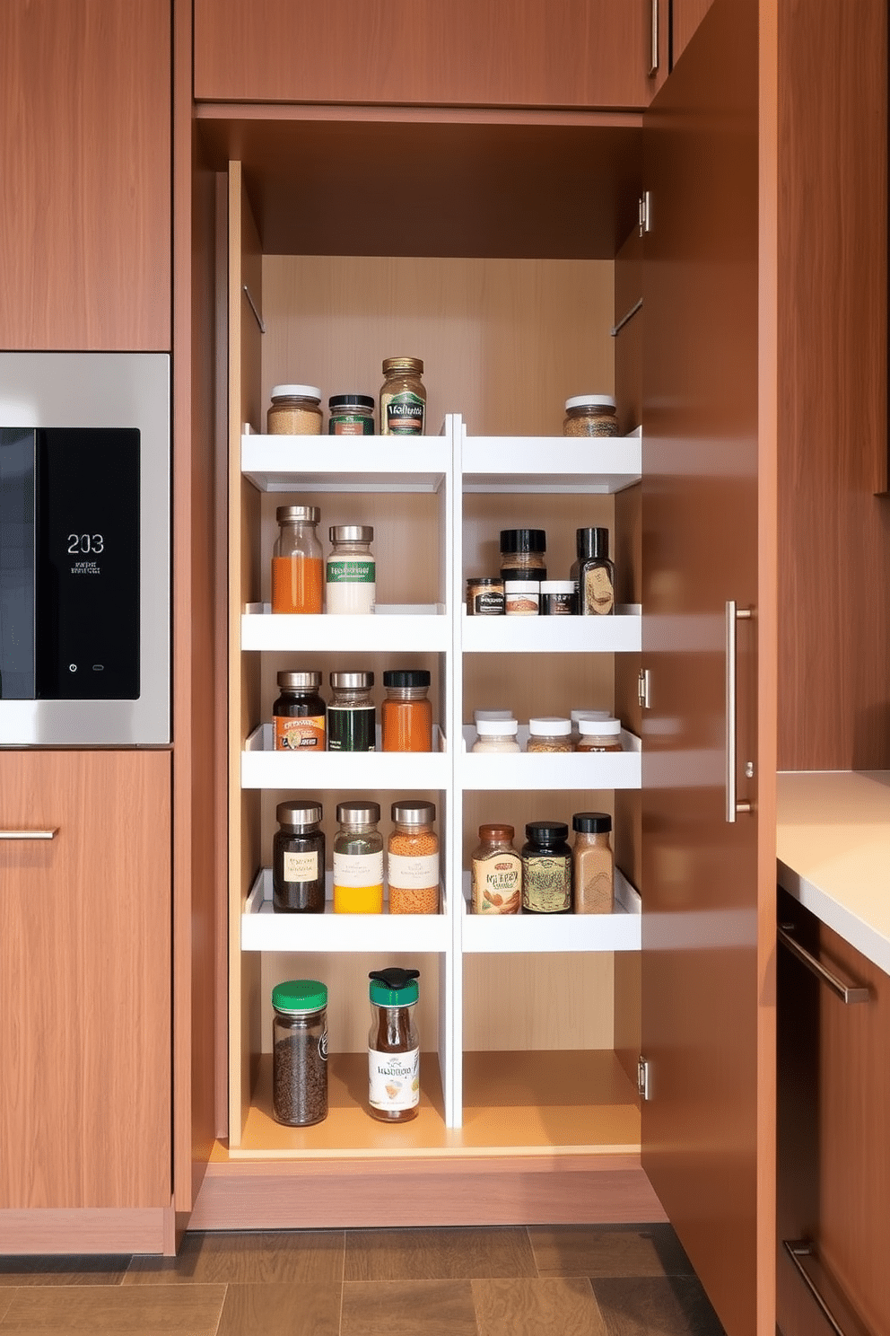 A sleek kitchen pantry cabinet features a built-in spice rack cleverly integrated into the inside of the cabinet door. The cabinet showcases a modern design with clean lines, finished in a warm wood tone, and includes adjustable shelving for optimal organization.