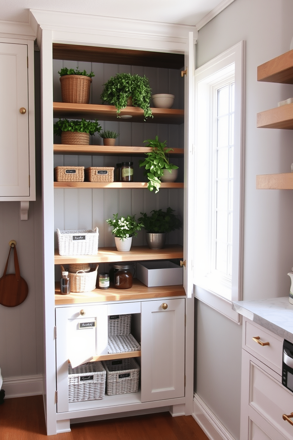 A modern kitchen pantry cabinet with ladder-style shelves that maximize vertical space. The shelves are made of reclaimed wood, featuring a mix of open and closed storage options, with decorative baskets neatly arranged for organization. The pantry cabinet is painted in a soft white hue, complemented by brass hardware for a touch of elegance. Natural light streams in from a nearby window, highlighting the fresh herbs and jars of spices artfully displayed on the shelves.