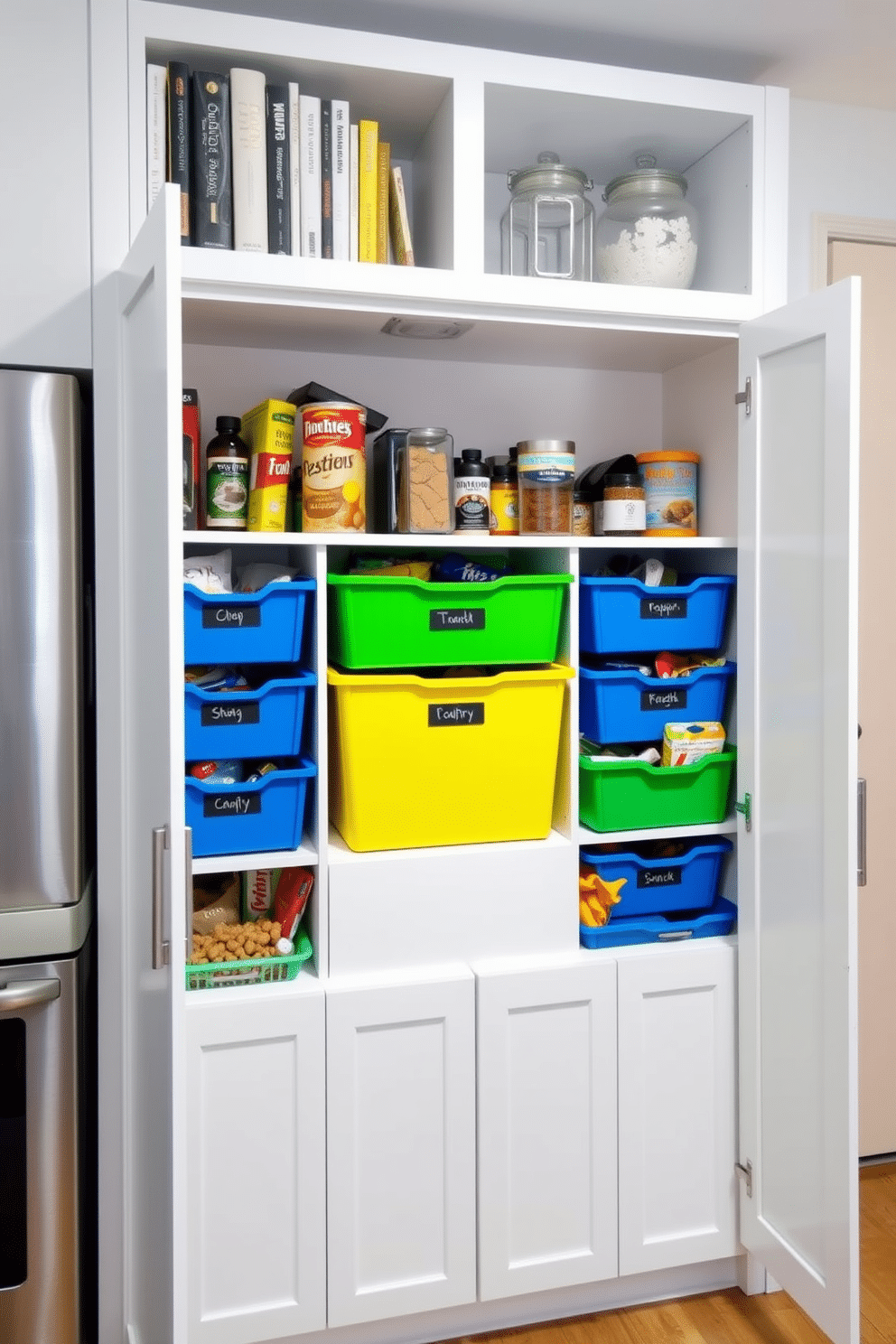 A modern kitchen pantry cabinet featuring color-coded bins for organization. The cabinet has sleek white doors, and inside, vibrant bins in shades of blue, green, and yellow neatly store various dry goods and snacks. The design includes open shelving above the cabinet to display cookbooks and decorative jars. A chalkboard label on each bin adds a personal touch, making it easy to find ingredients at a glance.