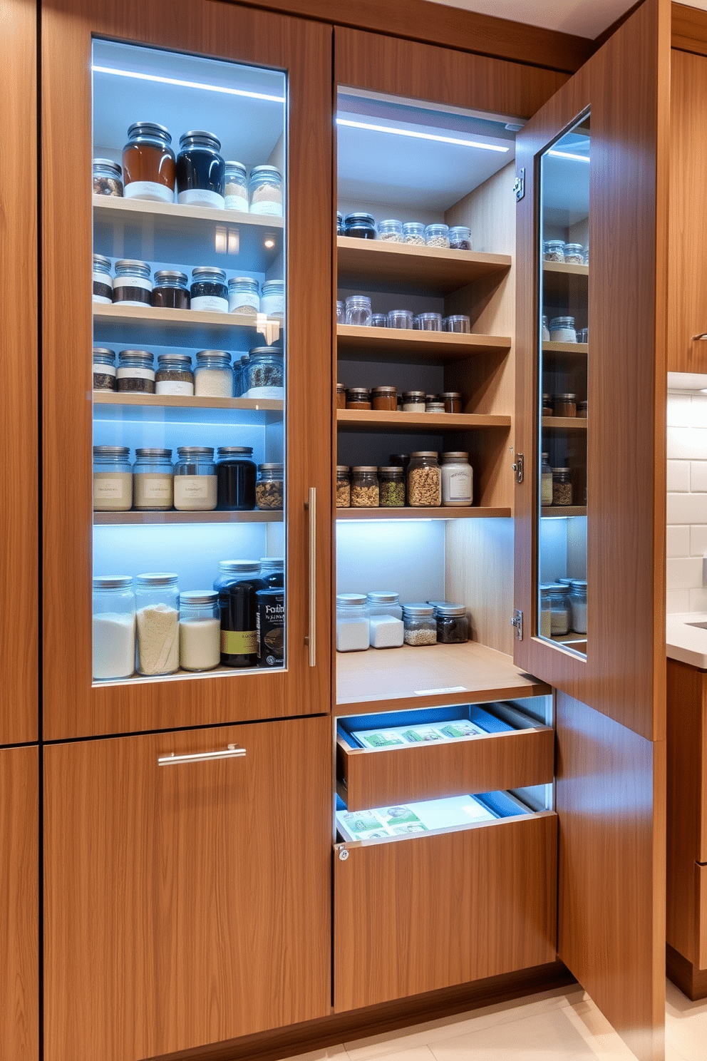 A modern kitchen pantry cabinet features sleek, minimalist design with integrated lighting illuminating the shelves. The cabinetry is finished in a warm wood tone, complemented by glass doors that showcase neatly organized jars and containers. The pantry includes pull-out drawers for easy access, with LED lights that automatically turn on when the door is opened. A subtle backsplash of white subway tiles enhances the overall brightness and freshness of the space.