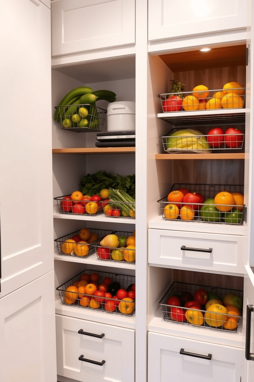 A modern kitchen pantry featuring wire baskets filled with fresh produce, showcasing a blend of functionality and style. The pantry cabinet is designed with open shelving and soft-close drawers, painted in a crisp white finish, allowing for easy access and organization. The wire baskets are arranged neatly, displaying a variety of colorful fruits and vegetables, enhancing the visual appeal of the space. Ambient lighting highlights the textures of the wood and metal, creating an inviting atmosphere for culinary creativity.