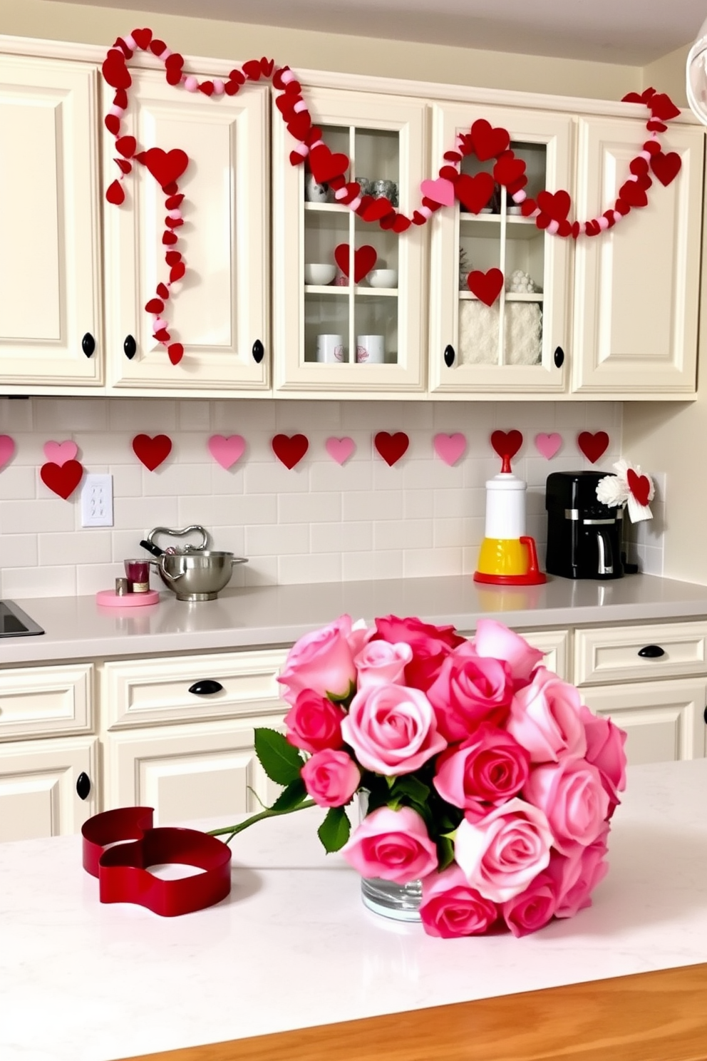 A charming kitchen adorned with red and pink heart garlands draped across the upper cabinets, creating a festive atmosphere. The countertops are decorated with heart-shaped cookie cutters, and a bouquet of fresh roses in shades of pink and red sits on the kitchen island.