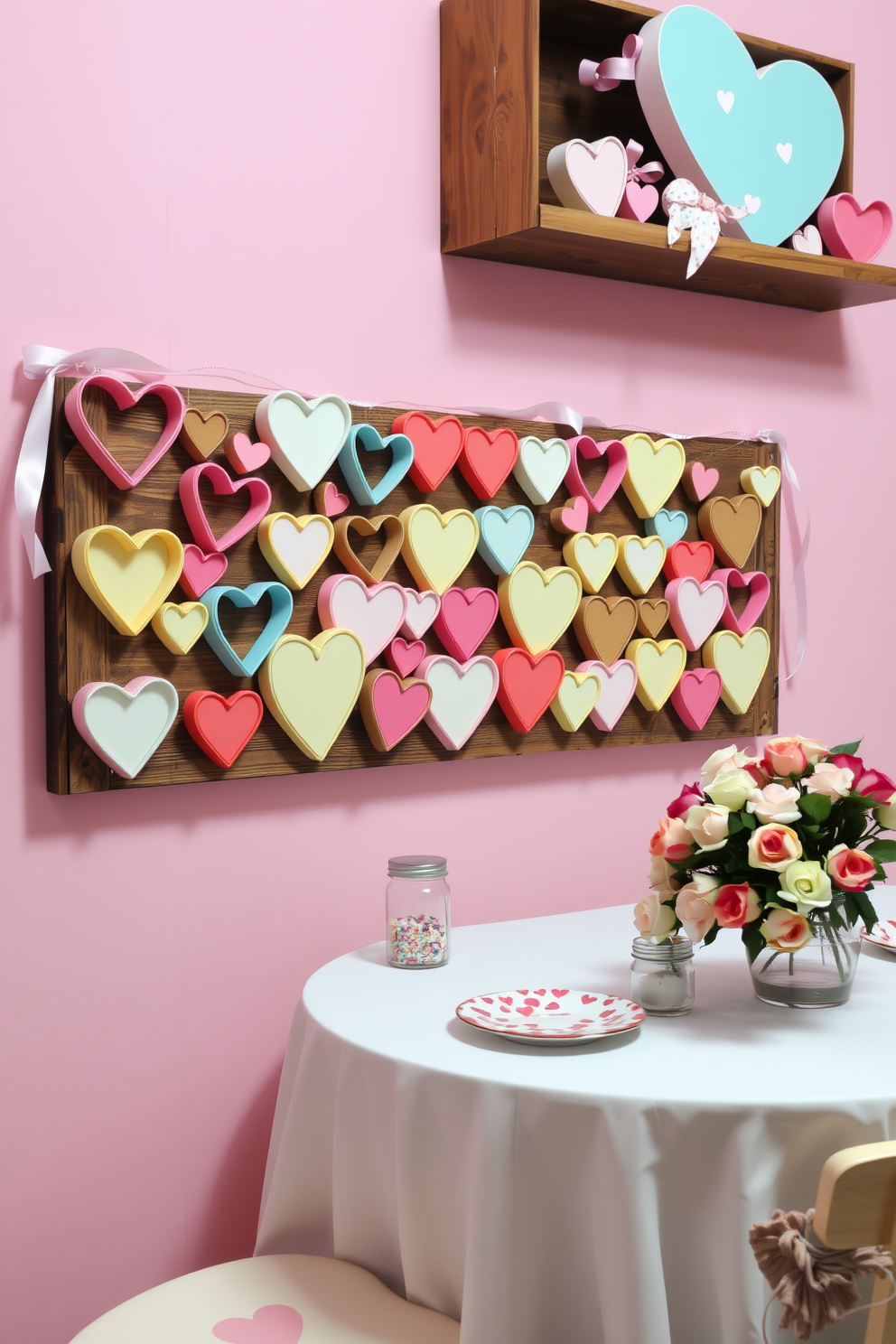 A charming display of heart-shaped cookie cutters in various sizes is arranged on a rustic wooden shelf, showcasing their vibrant colors and playful designs. Surrounding the cookie cutters are delicate decorations, such as pastel-colored ribbons and small glass jars filled with sprinkles, creating a festive Valentine's Day atmosphere. The backdrop features a soft pink wall adorned with subtle heart patterns, enhancing the romantic theme. A cozy table set nearby is decorated with a white tablecloth, heart-themed plates, and a bouquet of fresh roses, inviting guests to indulge in sweet treats.