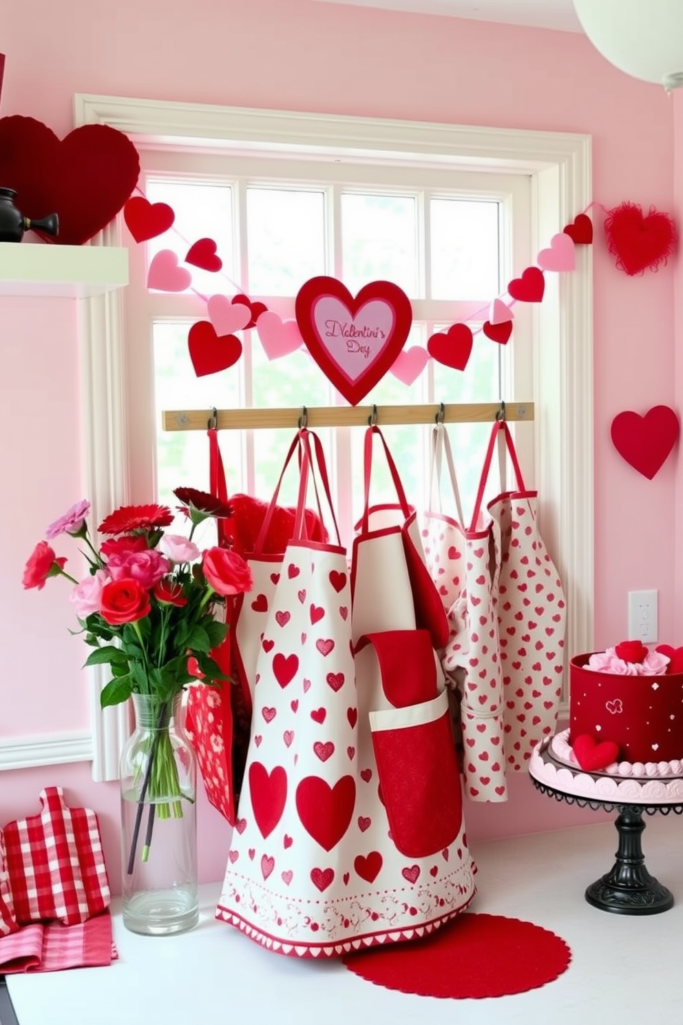 A charming kitchen adorned with Valentine's Day decorations. The walls are painted soft pink, and heart-shaped garlands drape across the windows. On the countertop, a collection of festive aprons hangs, featuring playful patterns of hearts and roses. A vase filled with red and pink flowers sits next to a heart-shaped cake on a decorative stand.