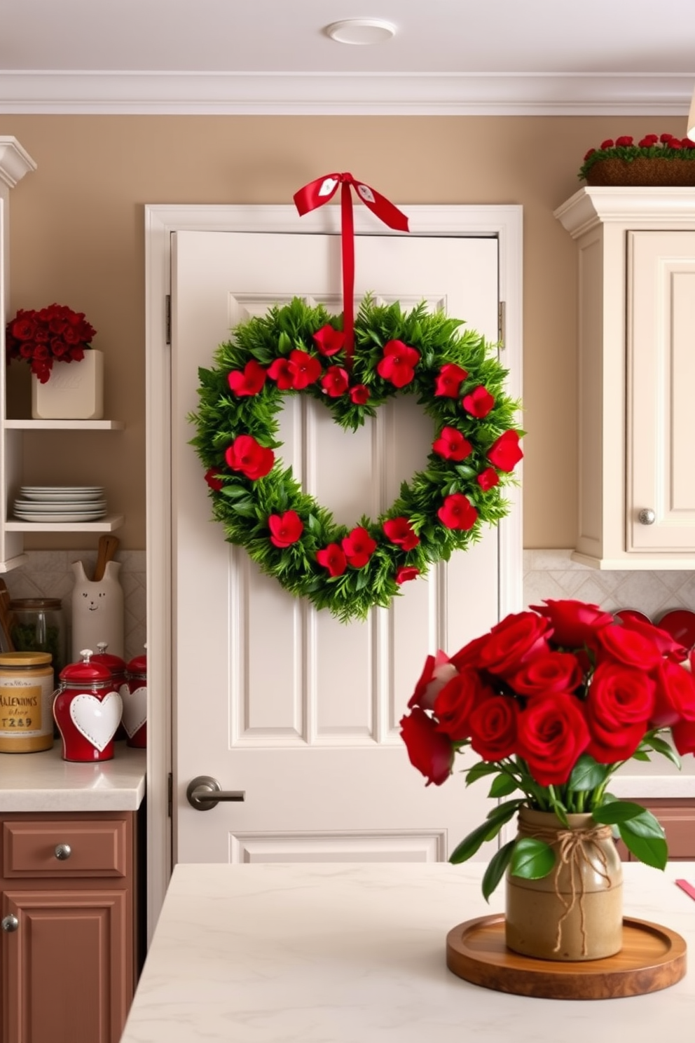 A charming kitchen adorned with a heart-shaped wreath hanging on the door, crafted from lush greenery and vibrant red flowers. The countertops are decorated with festive accents, including heart-shaped cookie jars and a bouquet of red roses in a rustic vase, creating a warm and inviting atmosphere for Valentine's Day.