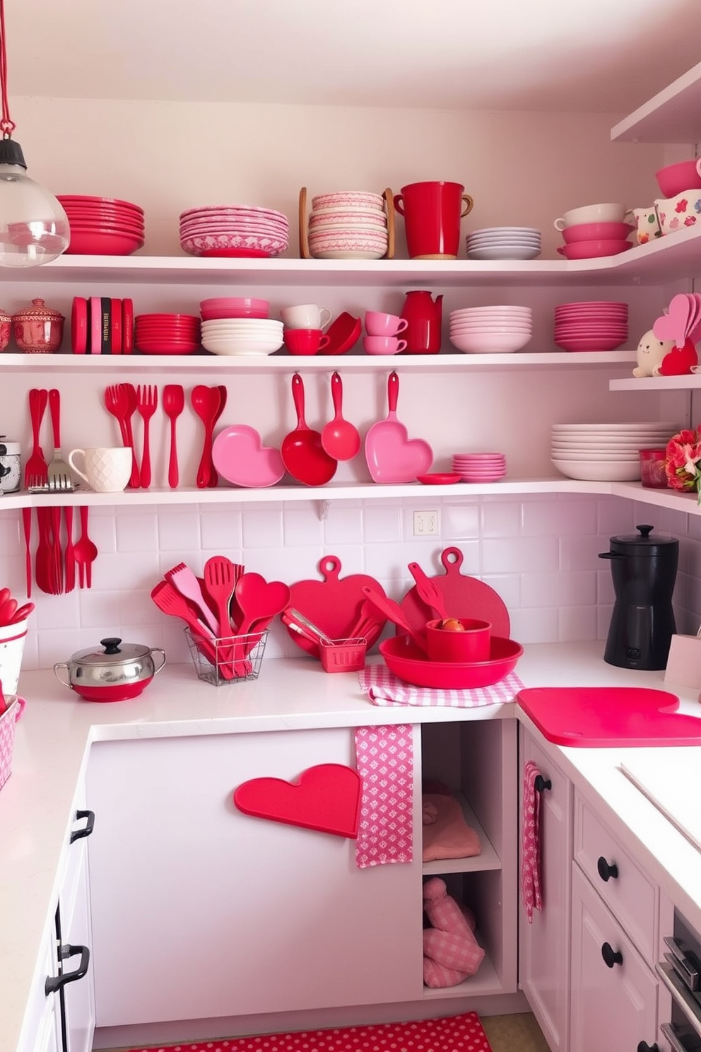 A vibrant kitchen adorned with an array of red and pink utensils, creating a cheerful atmosphere perfect for Valentine's Day. The countertops are decorated with heart-shaped cutting boards, and a collection of colorful dishware is displayed on open shelves, adding a playful touch to the space.